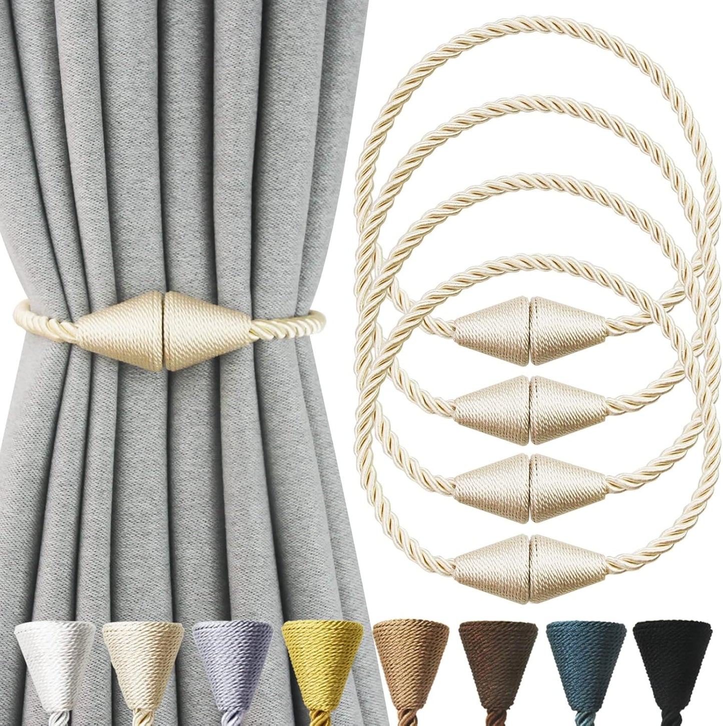4 Pack Magnetic Curtain Tiebacks Rope Modern Handmade Curtain Tie Backs Decorative Drapes Weave Holdbacks for Window Décor, Beige