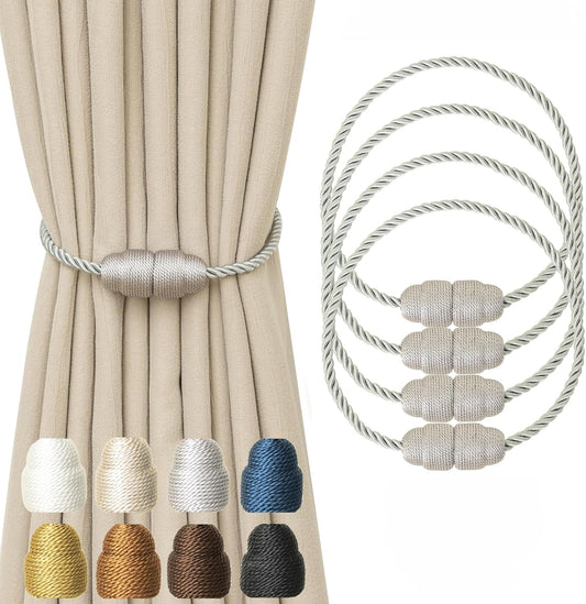 Magnetic Curtain Tiebacks Rope Curtain Tie Backs for Curtains 4 Pack Curtain Holders for Drapes Decorative Window Curtain Holdbacks, Grey