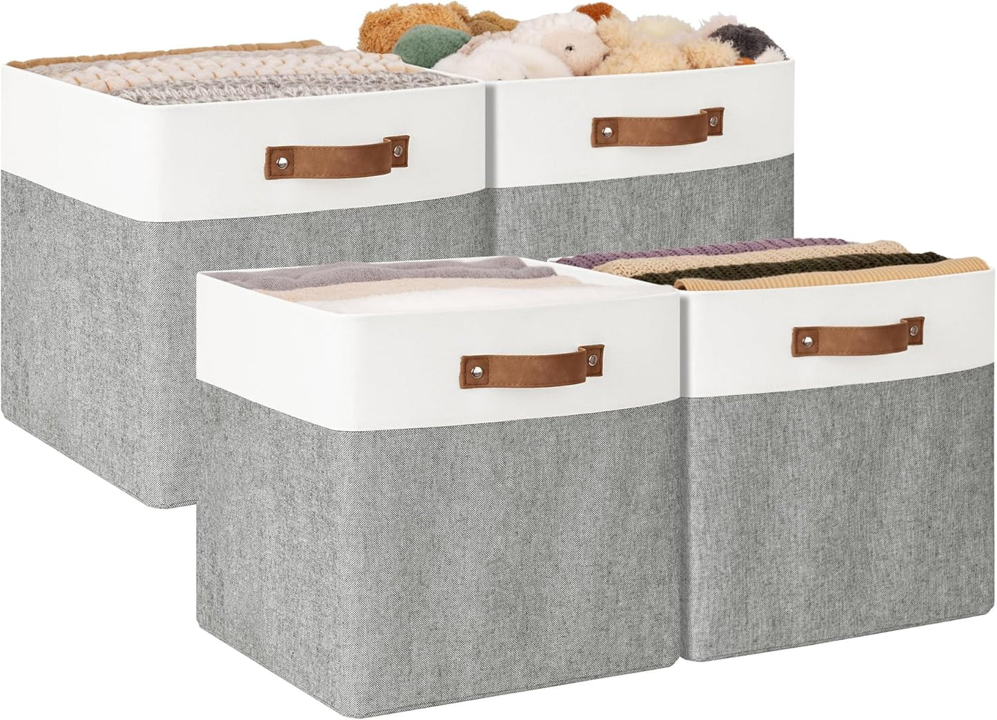 StorageWorks 13x13 Inches Storage Cube, Fabric Storage Bins with PU Handles, Collapsible Organizer Baskets for Closet, Gray and White, 4-Pack