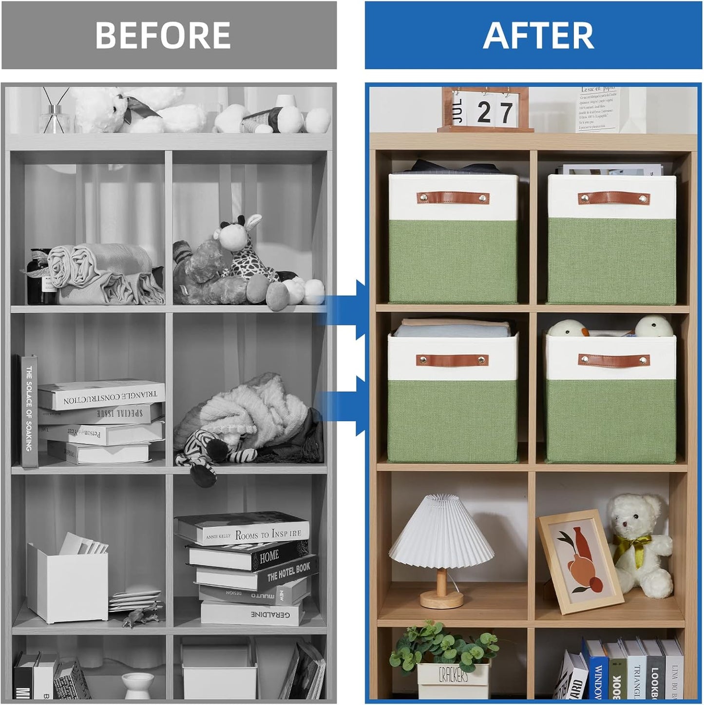 Temary Fabric Storage Bin 11x11 Cube Storage Bins for Home, 4 Pack Fabric Organizer Bins Cube Organizer Bins with Leather Handles Decorative Storage Bins for Shelf (White&Green)