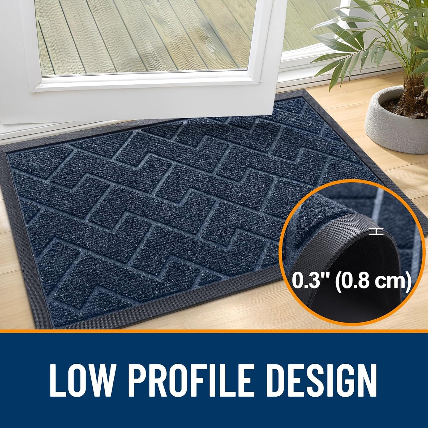 OLANLY Front Door Mat Indoor Outdoor Entrance, Waterproof All-Season, All-Weather Doormat, Sturdy Natural Rubber, Low Profile, Easy Clean Patio Porch Entryway Mat, Herringbone Brick (Blue, 36x24)