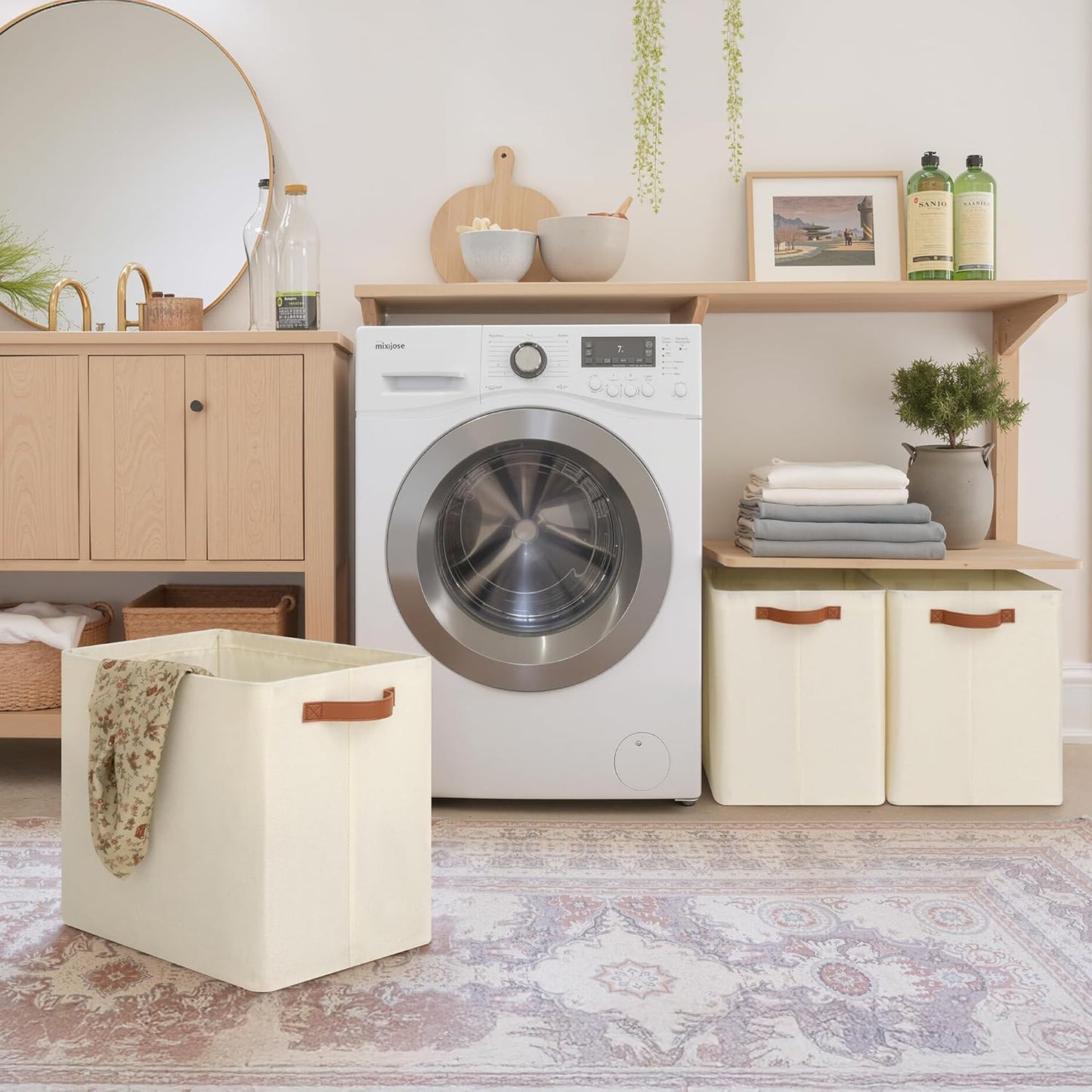 GRANNY SAYS Large Storage Baskets, Closet Storage Bins, Linen Closet organizers and storage, Fabric Storage Bins with Metal Frame, Clothes Baskets for Shelves, Towels, Beige, 3-Pack