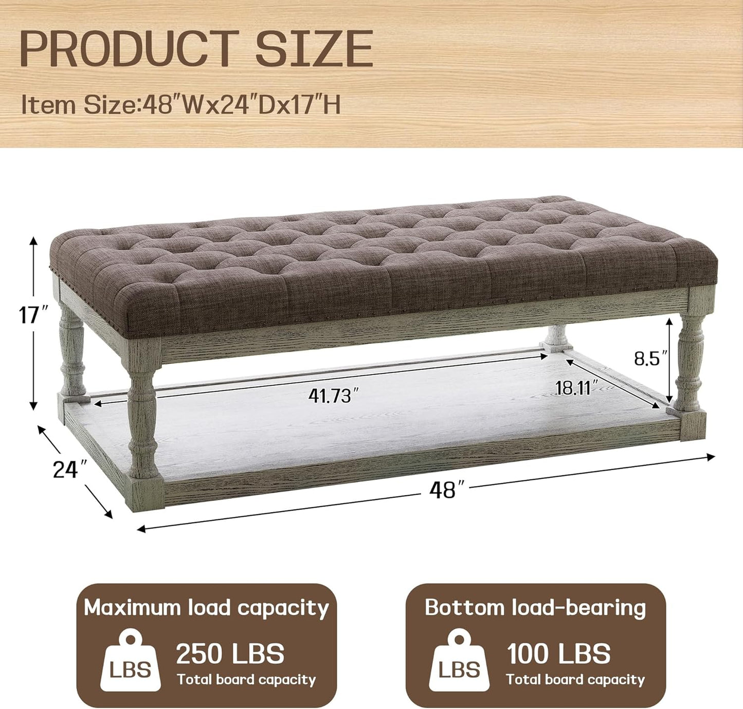 48" Large Ottoman with Storage Coffee Table, Upholstered Tufted Linen Ottoman Bench with Solid Wood Shelf for Living Room, Bedroom, Holds 250lbs (Light Gray)