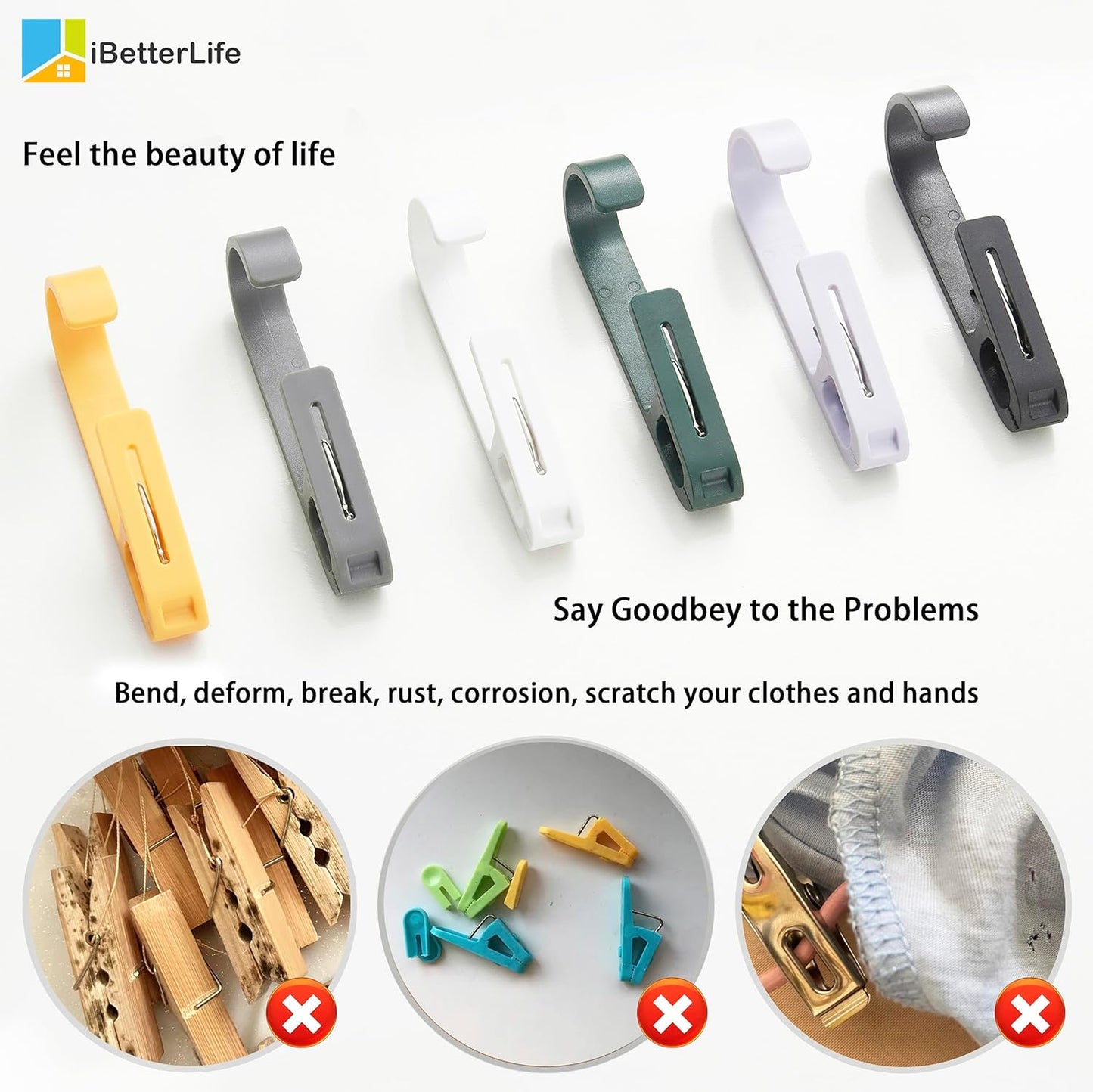 iBetterLife Laundry Hooks Hanging Clips - 4Pcs Heavy Duty Outdoor Clothes Pins, Closet Organizer Single Clip Hangers Clamps Socks Boot Bras Underwear Kids Towels for Bathroom Wardrobe Kitchen Office