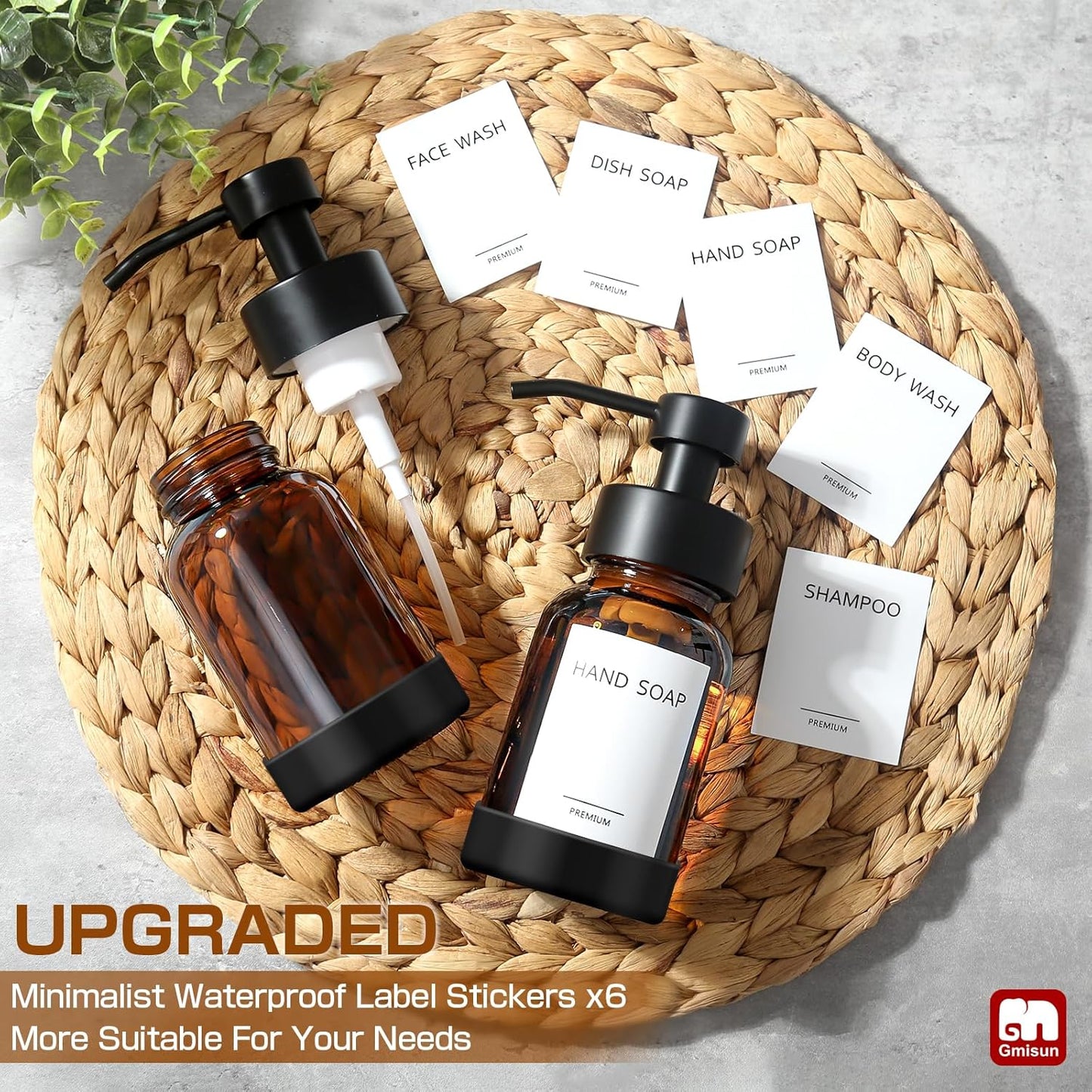 GMISUN Amber Foam Soap Dispenser, 8.5 Fl oz Amber Glass Foaming Hand Soap Dispenser for Bathroom & Kitchen, 2 Pcs Modern Refillable Foaming Soap Dispensers, Foam Pump Bottle with Label & Silicone Boot