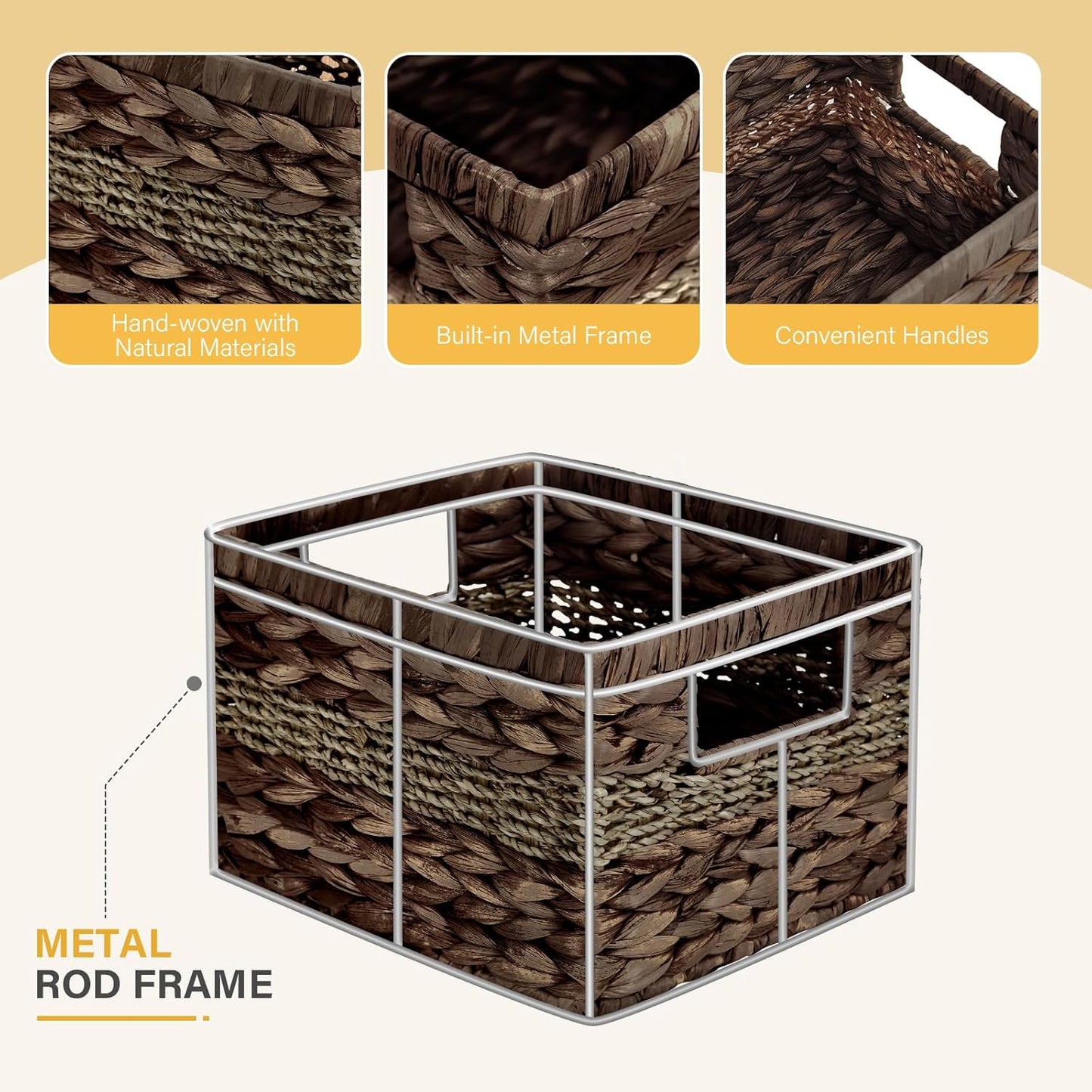 Water Hyacinth Wicker Basket, Decorative Woven Baskets with Built-in Handles, Hand-woven Storage Organizer for Organizing Pantry, Livingroom, Bedroom, Shelves, Toilet(2-PACK, Brown)