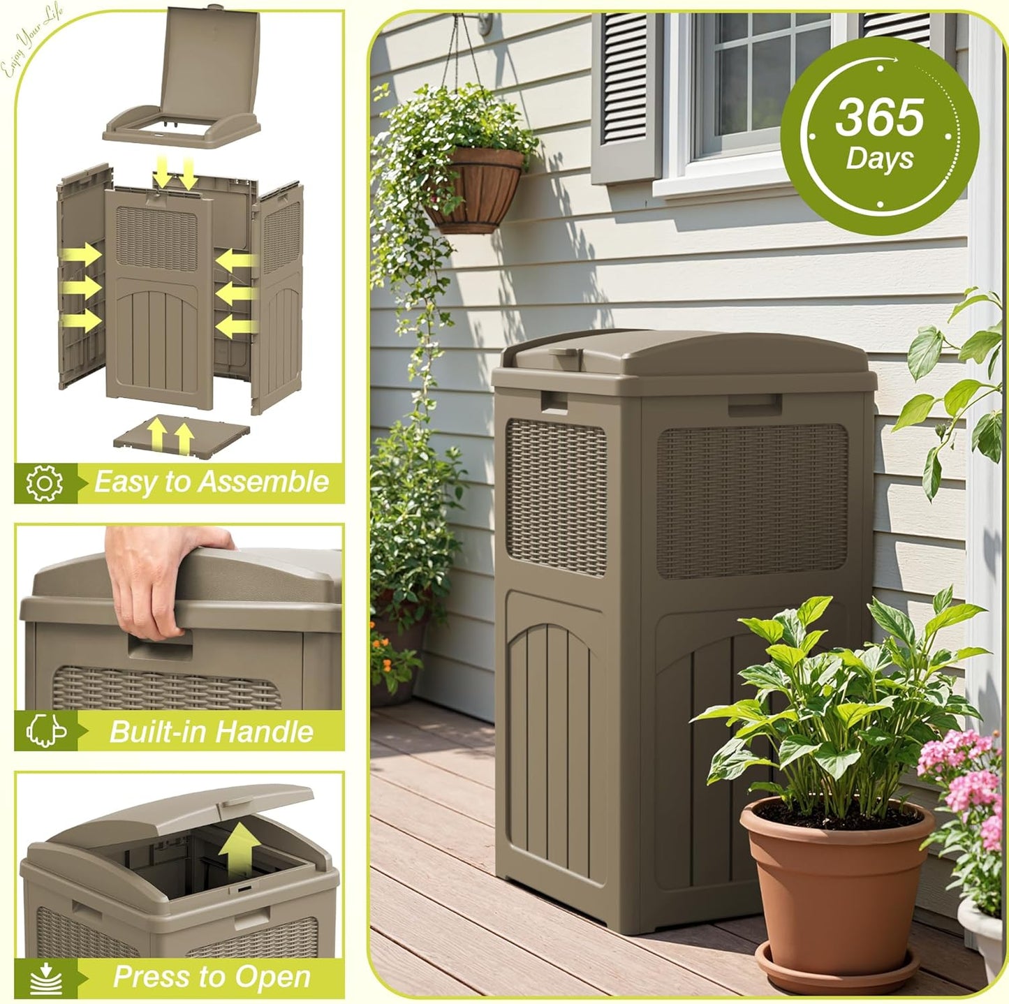Greesum 33 Gallon Resin Outdoor Trash Can with Lid, Waterproof Resin Garbage Bin for Hideaway, Patio, Deck, 4 Pack, Light Brown