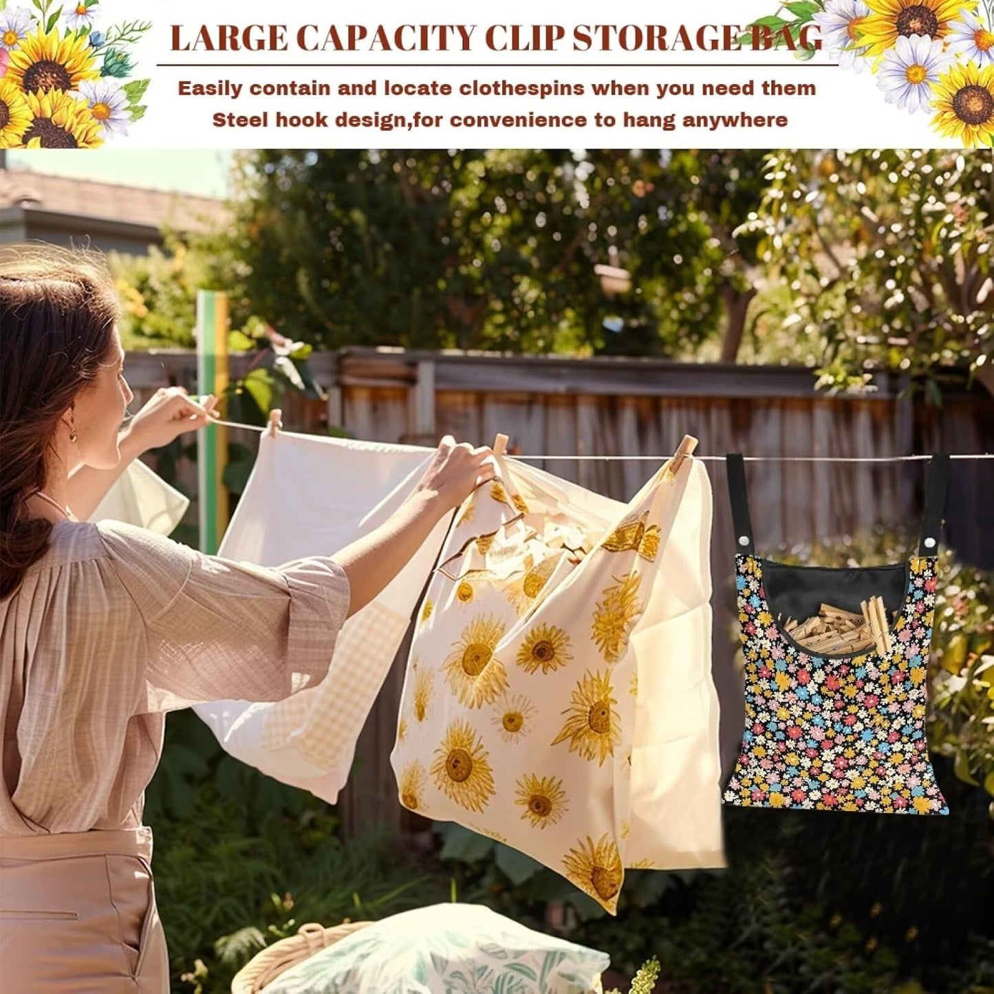 Clothes Pin Hanging Bag, Large Capacity Clothespin Bag with A Large Opening, Clothes Pin Hanging Bag Space-Saving Organize for Clothesline Outdoor - Hippie Flower Pattern