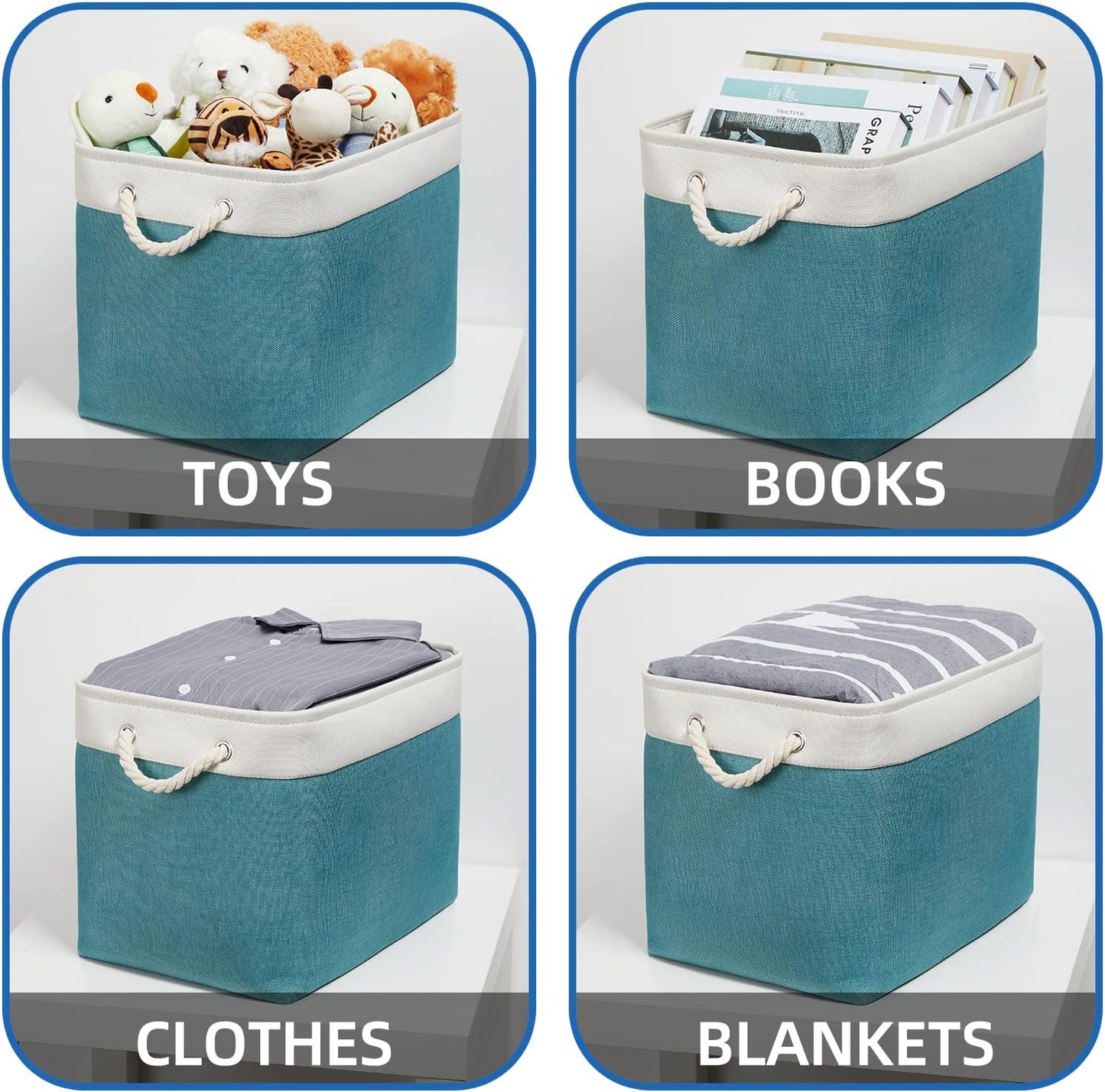 Temary Fabric Baskets Storage Baskets for Organizing 2 Pcs Decorative Baskets for Gifts Empty Collapsible Storage Bins for Home Closet(White&Teal,16Lx12Wx12H Inches)