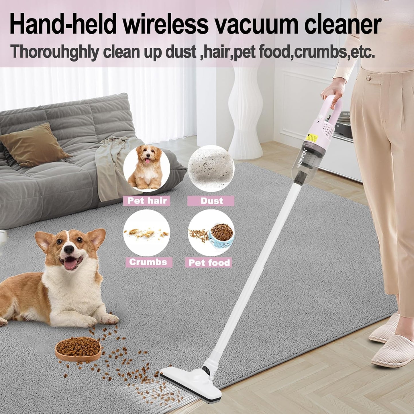 6-in-1 Lightweight Stick Vacuum Cleaner with 100W Powerful Motor, Mini Portable Household Handheld Vacuum Cleaner for Domestic Hard Floors, Carpets and Pet Hair(Pink Cordless)
