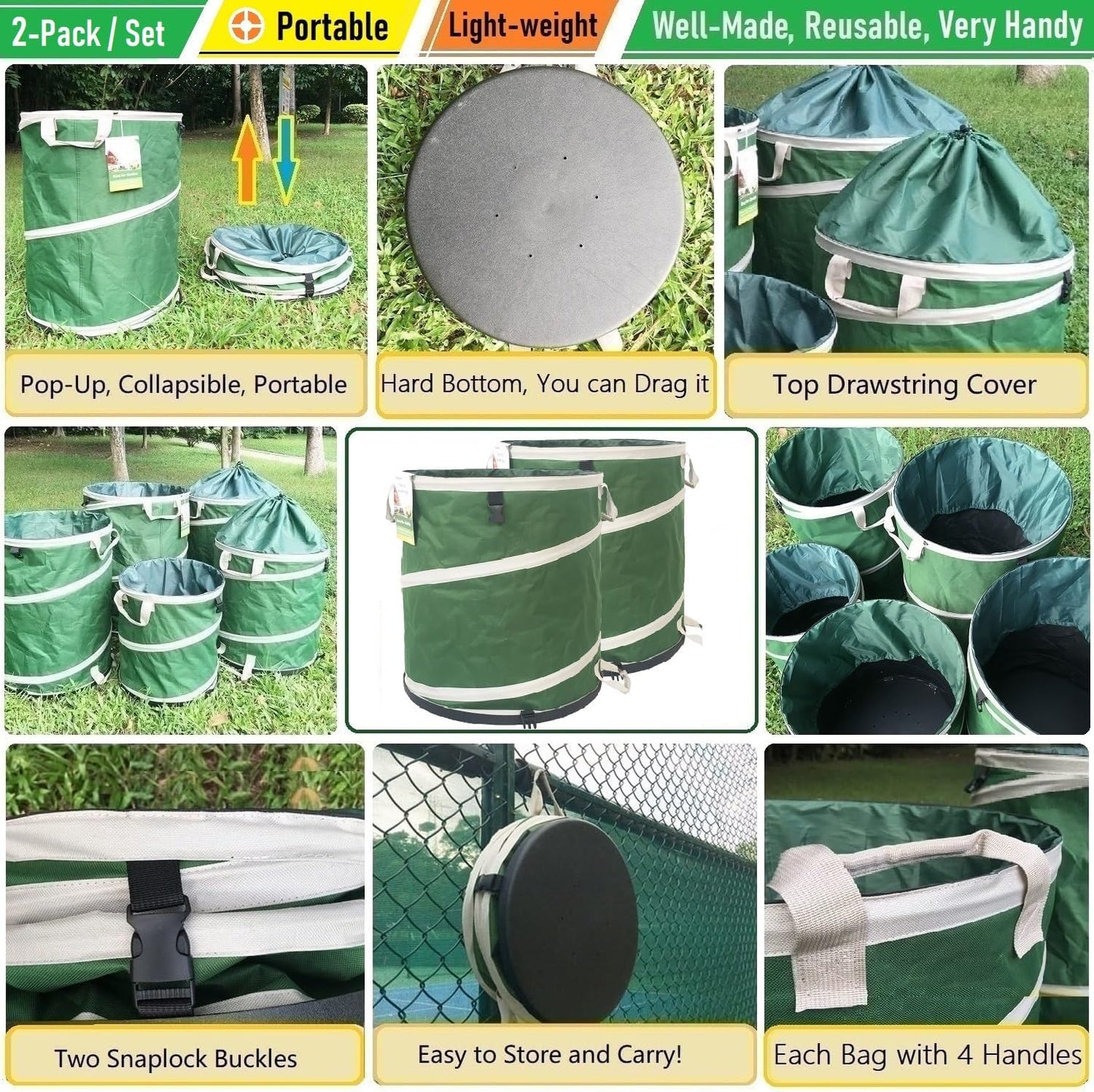 2-Pack 32 Gallon Collapsible Trash Can (19x25 in) Solid Bottom for Yard Waste Bag,Yard Debris Bag,Pop-Up Trash Can,Recycling Bin,Camping Waste Bin,Laundry Hamper,Lawn Grass,Garden Weeds Bags,Leaf Bags