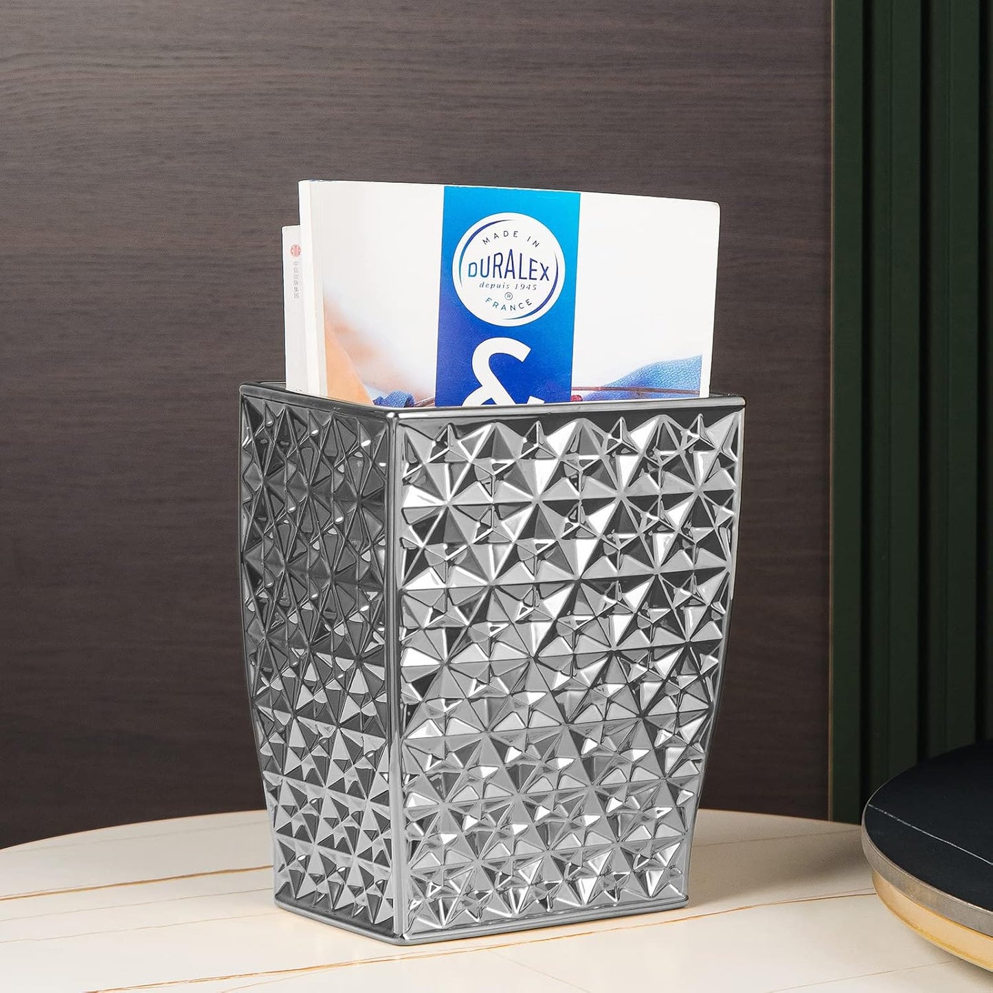 Ceramic Rectangular Small Trash Can - Wastebasket, Garbage Container Bin for Bathroom, Bedroom, Kitchen, Home Office, and Kids Room, Holds Waste, Recycling - Silver