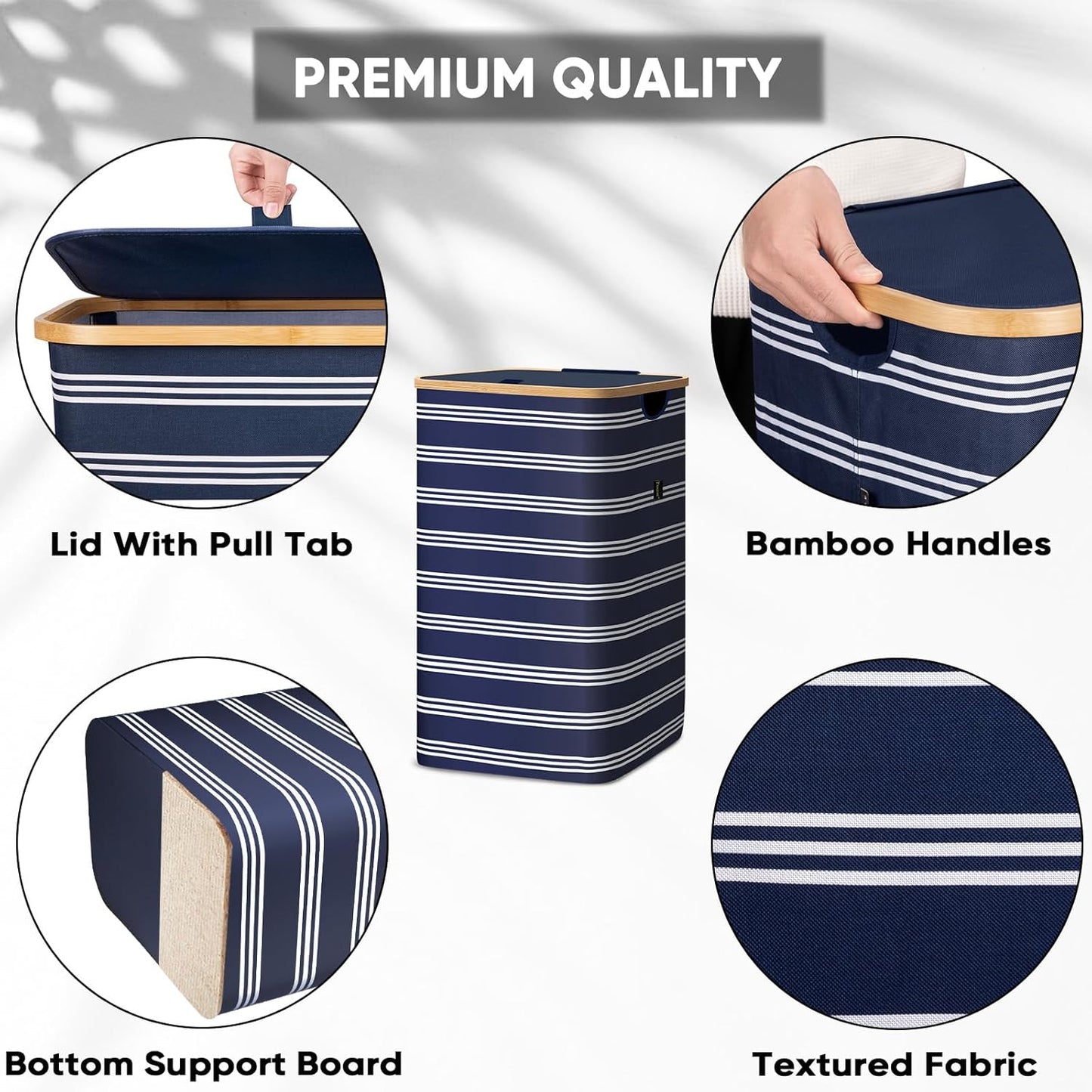BALEINE Laundry Hamper with Lid, Tall Laundry Baskets with Bamboo Pull Handles, Large Laundry Bin with Internal Support (18 Gal/70L, Blue Pinstripe)