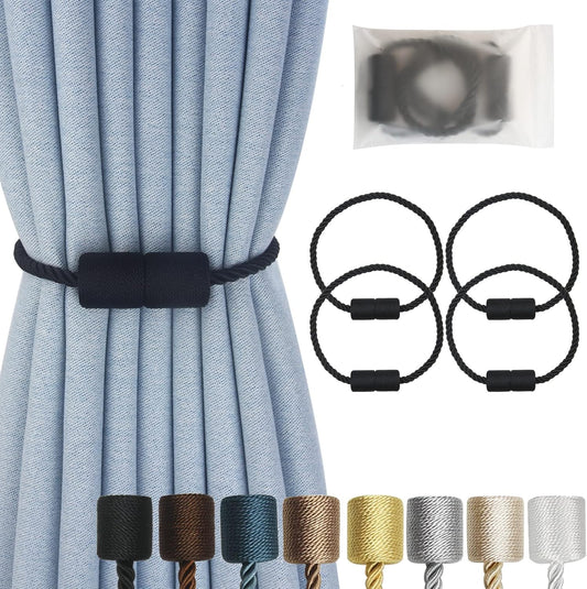 Magnetic Curtain Tiebacks 4 Pack Black Curtain Rope Tieback Curtain Holders for Drapes Modern Tie Backs Decorative Curtain Holdbacks