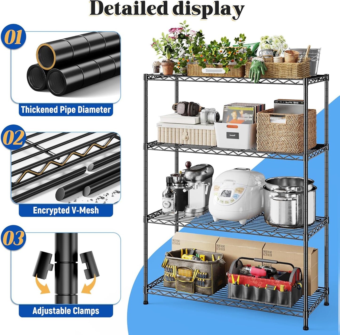 4- Shelf Metal Shelving Unit Adjustable Storage Shelves Heavy Duty Garage Shelving Steel Wire Shelving for Laundry Bathroom Kitchen Pantry Closet Garage Black, 35.6Wx16Dx54H