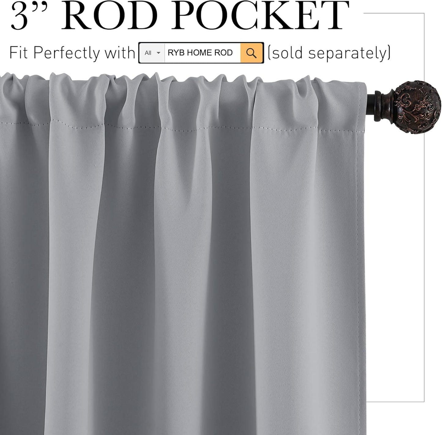 RYB HOME Blackout Curtains Small Window Decor Energy Efficiency Drapes for Kitchen Bedroom Basement Bath Tub Cafe, 42 inch Width x 36 inch Length, Silver Grey, 2 Panels
