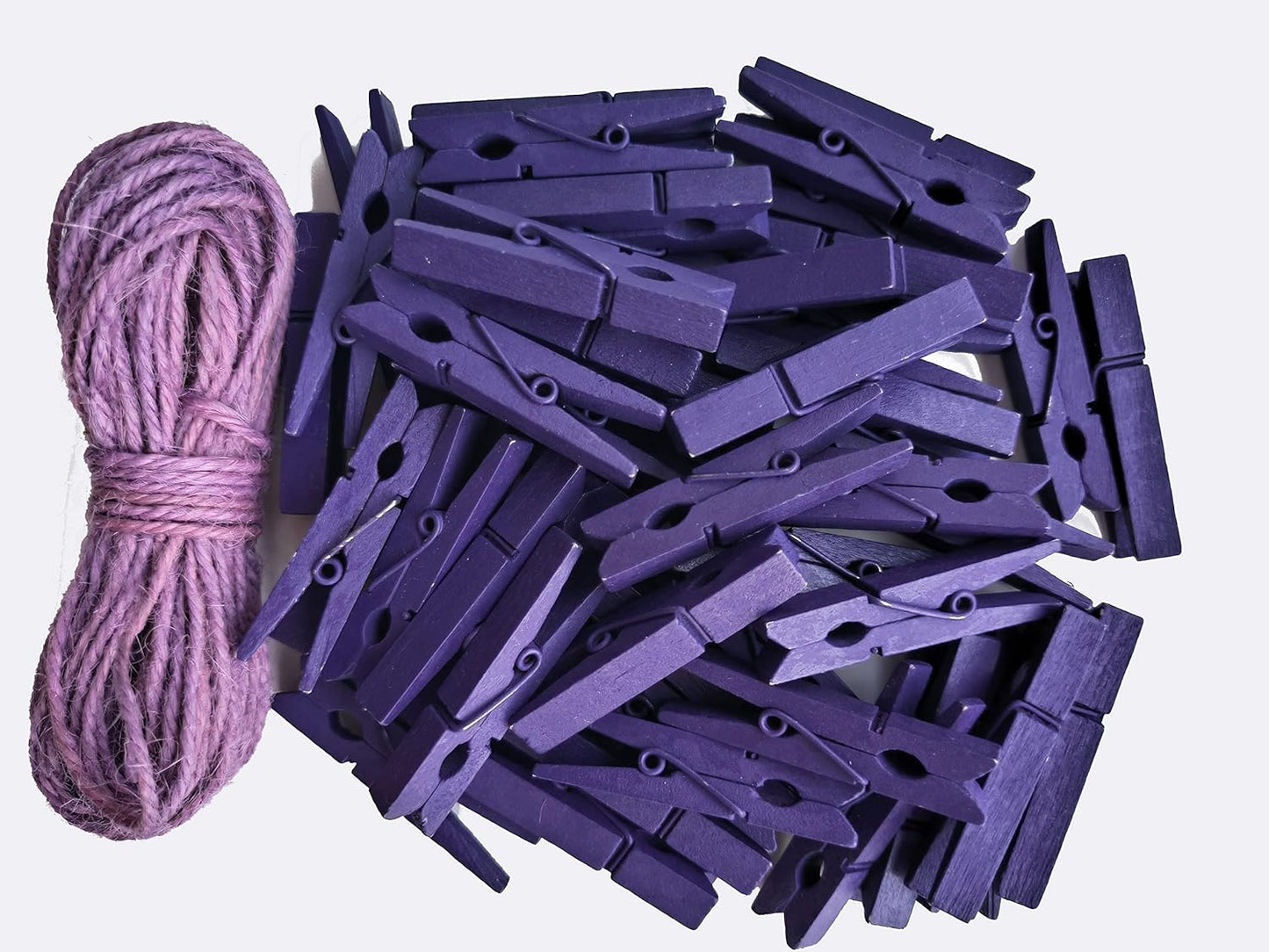 1.9 Inch Purple Wooden Clothes Pins with Strong Craft String for Pictures Papers Peg Photo Display Shirt Clips Pack 50