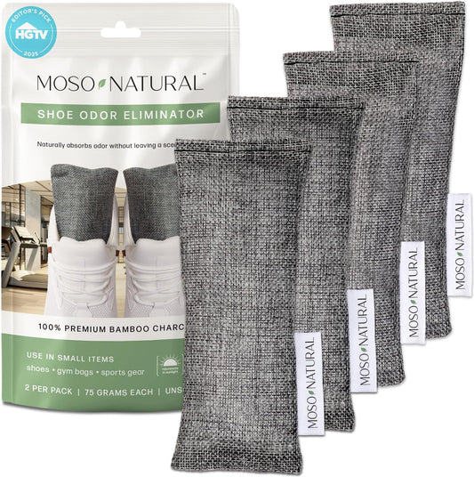 Moso Natural Shoe Deodorizer Inserts, Charcoal Odor Absorber for Shoes, Gym Bag & Boot Deodorizer, Long-Lasting Shoe Odor Elimination, Unscented Air Purifying Bags (Two Per Pack. 4 Total)