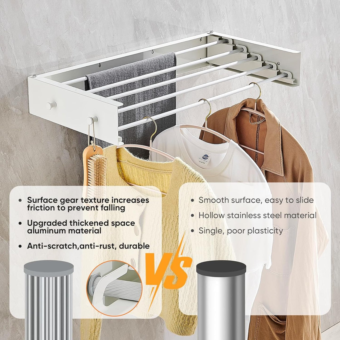 Clothes Drying Rack 31.5 inches Foldable Wall Mount Laundry Rack Folding Indoor Drying Rack Clothing Collapsible Hidden Space Saver with Wall Template 5 Rods White