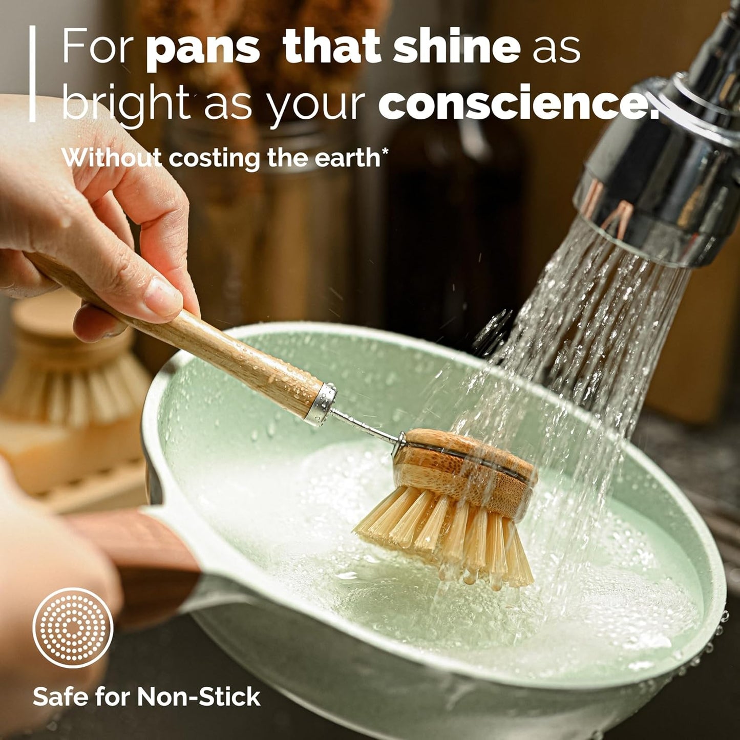 Jungle Culture 4 Piece Bamboo Dish Brush Set for Washing Up • Long Lasting Wooden Dish Brush with 3 Replacement Heads & Loofah Sponge Scourer • Eco Friendly Wooden Scrub Brush for Pots, Pans & Dishes