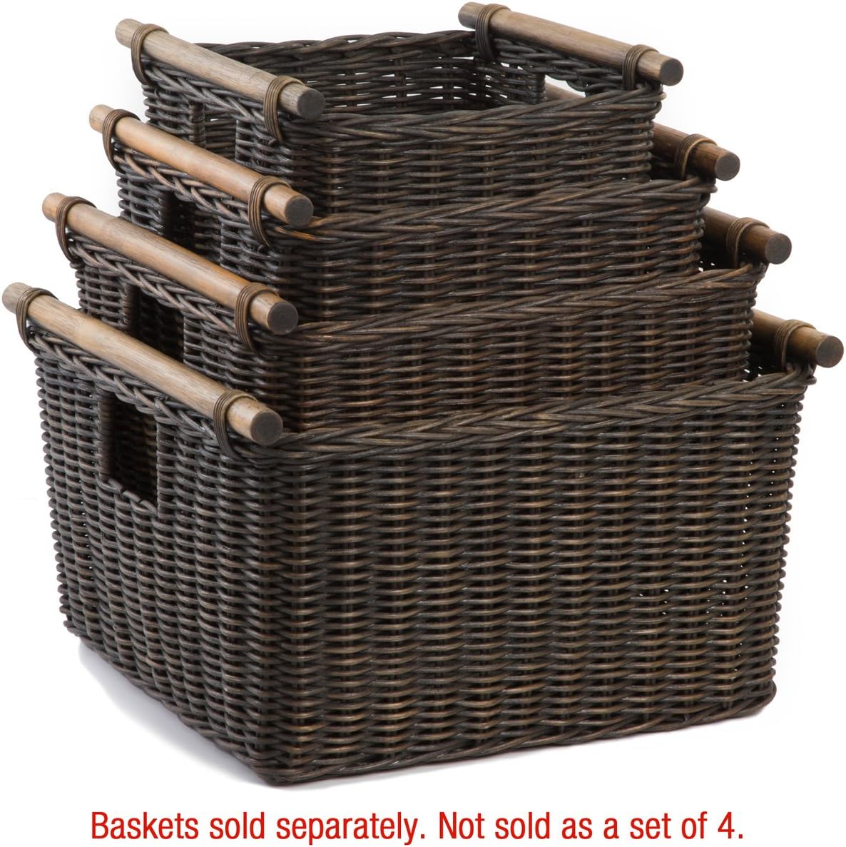 The Basket Lady Deep Pole Handle Wicker Storage Basket, Small, 11.5 in L x 11.5 in W x 8 in H, Antique Walnut Brown