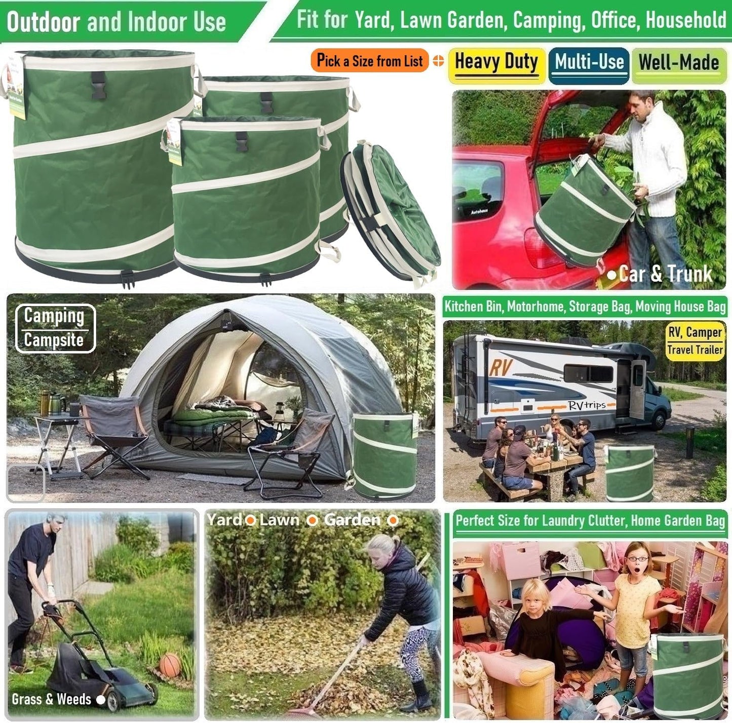 2-Pack 24 Gallon Collapsible Trash Can (19x21 in) Solid Bottom for Pop-Up Trash Can,Recycling Bin,Camping Waste Bin,Laundry Hamper,Yard Waste Bag,Yard Debris Bag,Lawn Grass,Garden Weeds Bags,Leaf Bags