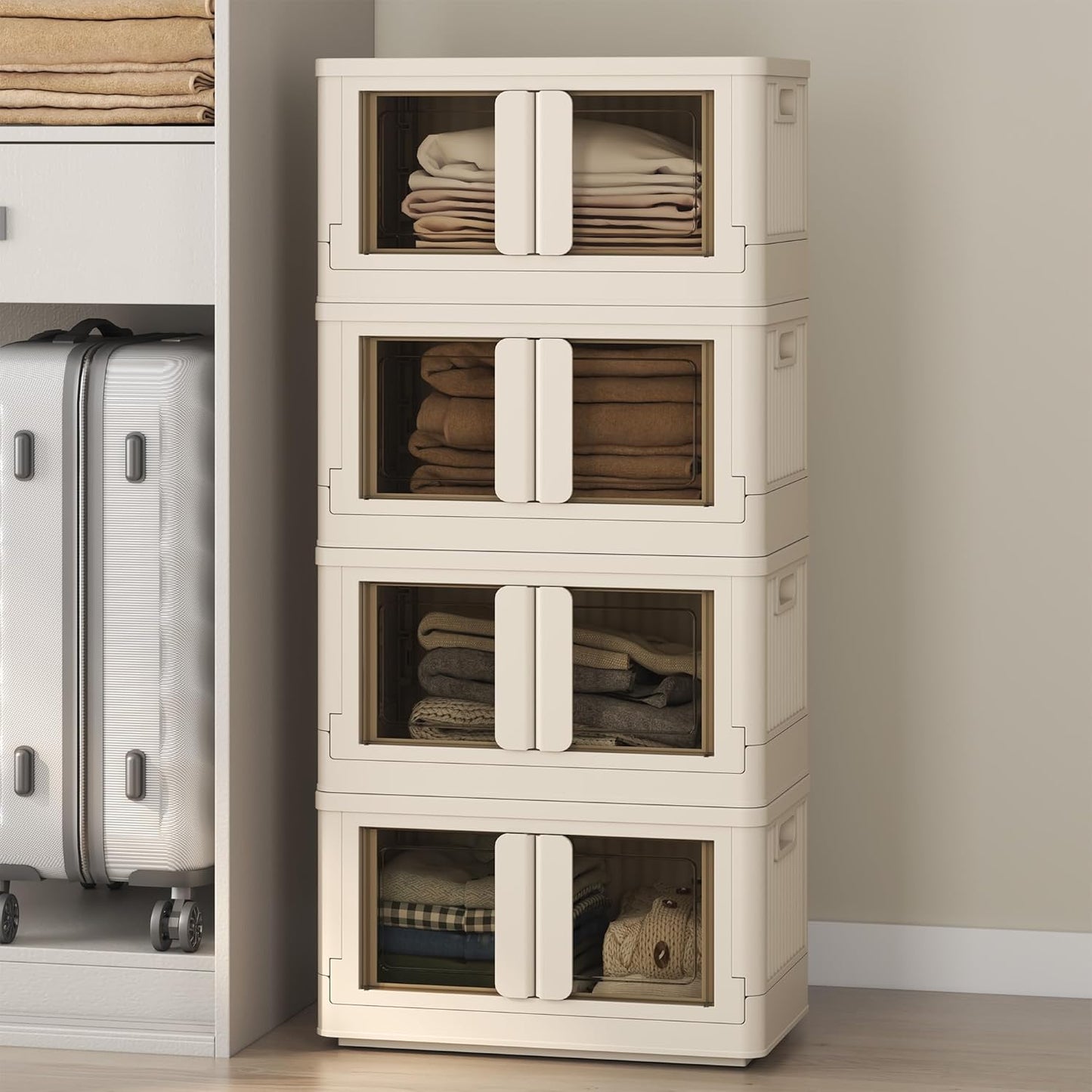 FLEXIMOUNTS 150 QT Stackable Storage Bins With Lids, Collapsible Plastic Storage Bins, Closet Organizers and Storage Containers with Doors and Built-in Wheels For Home, 4 Pack Cubes, Milky White