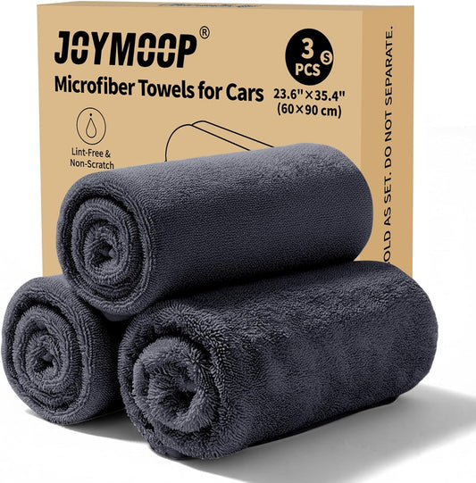 JOYMOOP Microfiber Towels for Cars, 3 Pack 35.4" x 23.6" Car Drying Towel, Dark Gray Reusable Car Towel, Quick Drying Car Microfiber Cleaning Cloth for RVs, SUVs, Trucks