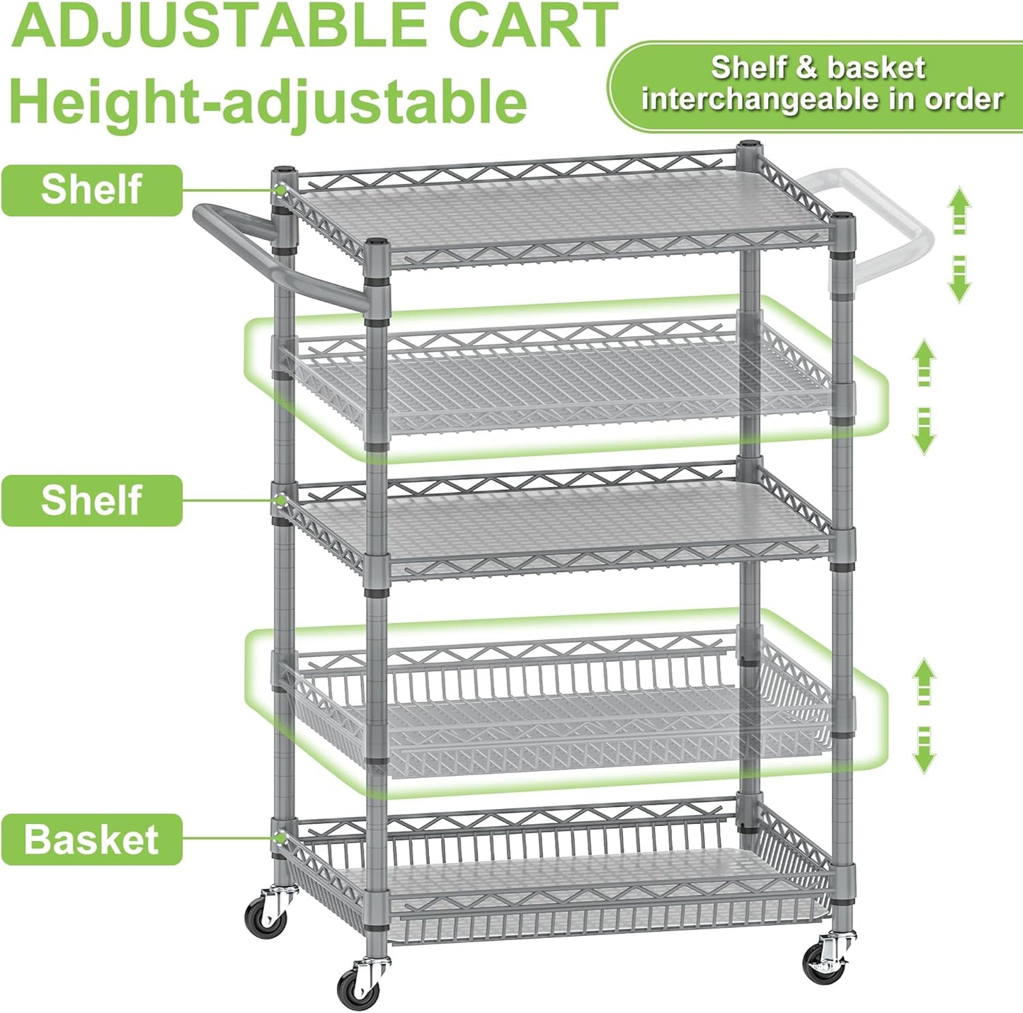 Metal Carts with Wheels,3 Tier Rolling Utility Carts with Storage, Steel Wire Service Cart with Handle Bar&Shelf Liner, Commercial Grade Kitchen Trolley for Indoor & Outdoor Use