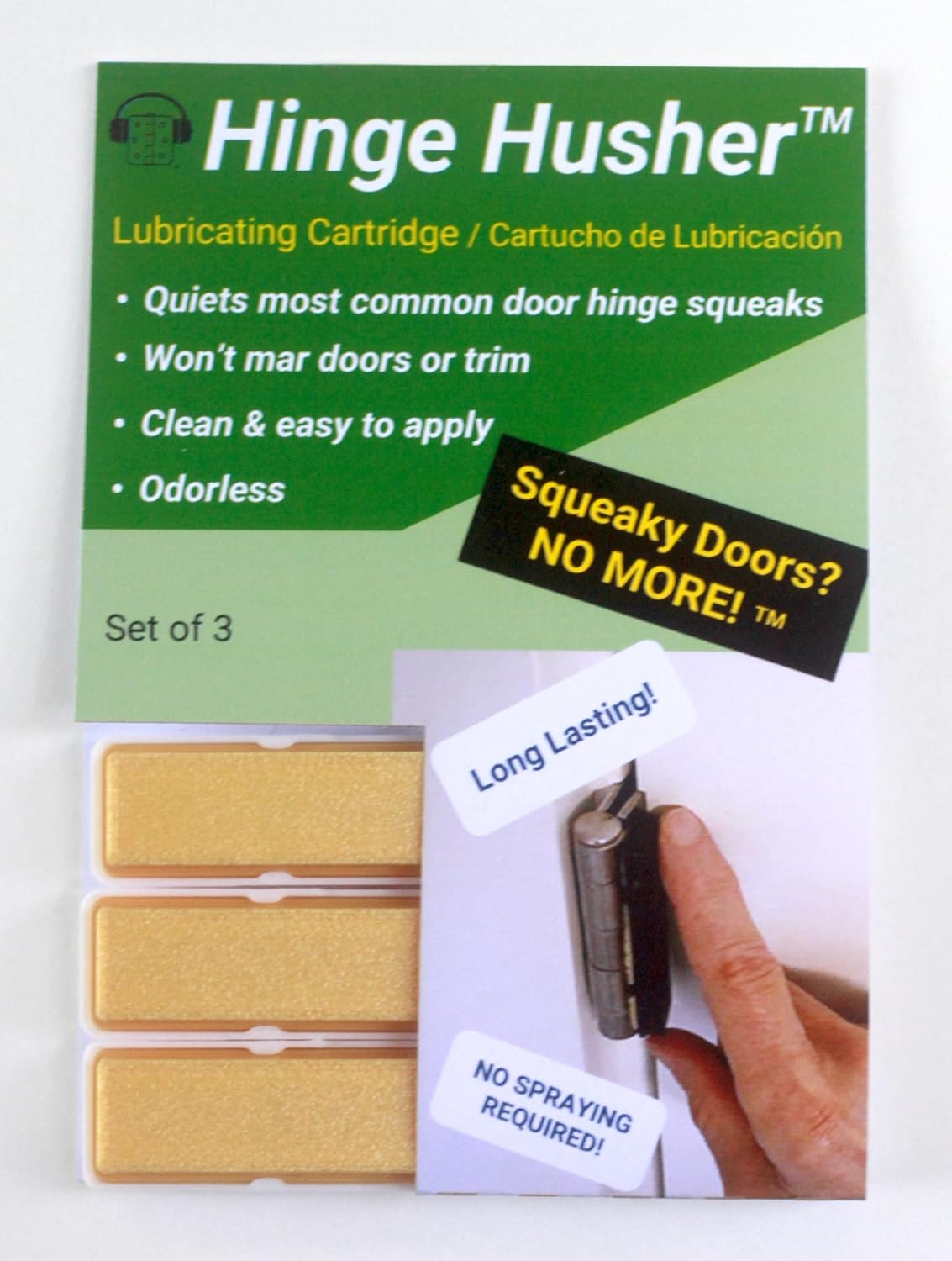 The First-of-Its-Kind Lubricant Cartridge for Squeaky Door Hinges. Mess-Free, Odorless, Sprayless & Prelubricated. Hinge Husher™ Lubricant Cartridges (3 Pack - Gold)