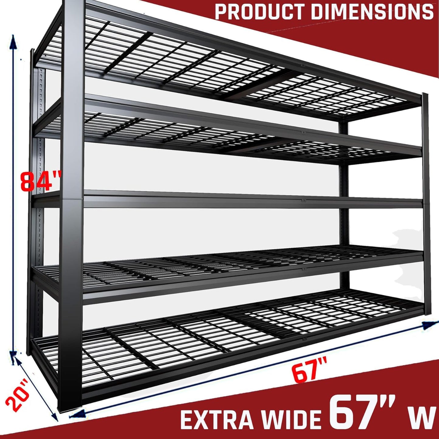 68" W Garage Shelving Heavy Duty, 5 Tier Garage Shelves, Adjustable Storage Shelving Unit, Commercial Metal Shelf for Warehouse, Pantry, School, Shop, 68" Wx20 Dx84 H