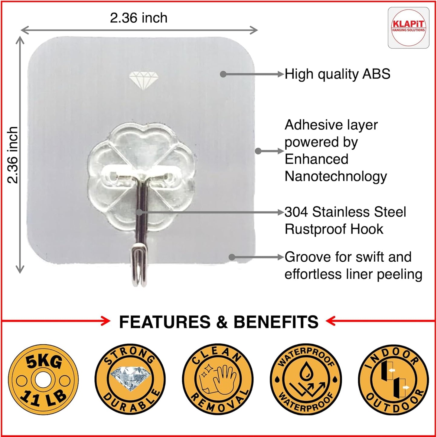 KLAPiT Super Hook - Heavy-Duty Adhesive Wall Hooks, Holds Up to 11 lbs, Waterproof, No Damage, Easy Install on Tile, Wood, Stone, Glass & Metal - Made of Steel (Clear, 24pc)