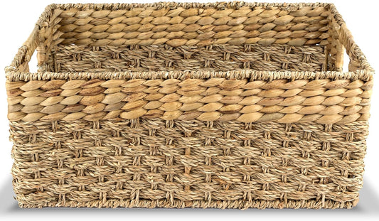 Large Wicker Storage Basket with handles, Natural, Woven, Seagrass and Hyacinth Organizing Baskets for Shelves, Pantry, Living Room - Large Size - 17x11x7.5 in