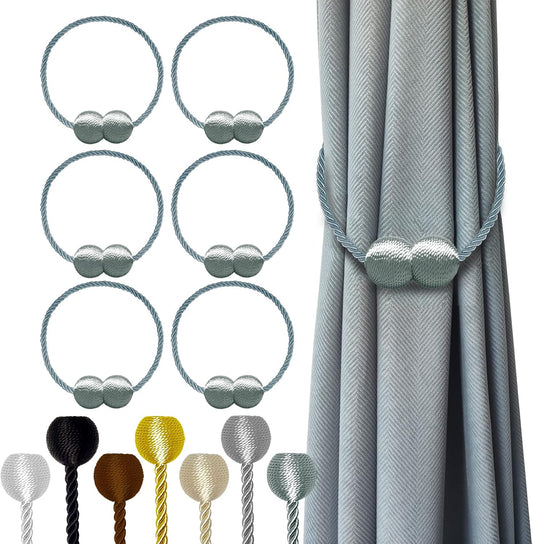 Hion Magnetic Curtain Tiebacks Gray Blue 6 Pack, Curtain Tiebacks Buckles Holdbacks Holders Hooks Clip for Home Bedroom Office Decorative Thick or Thin Curtain