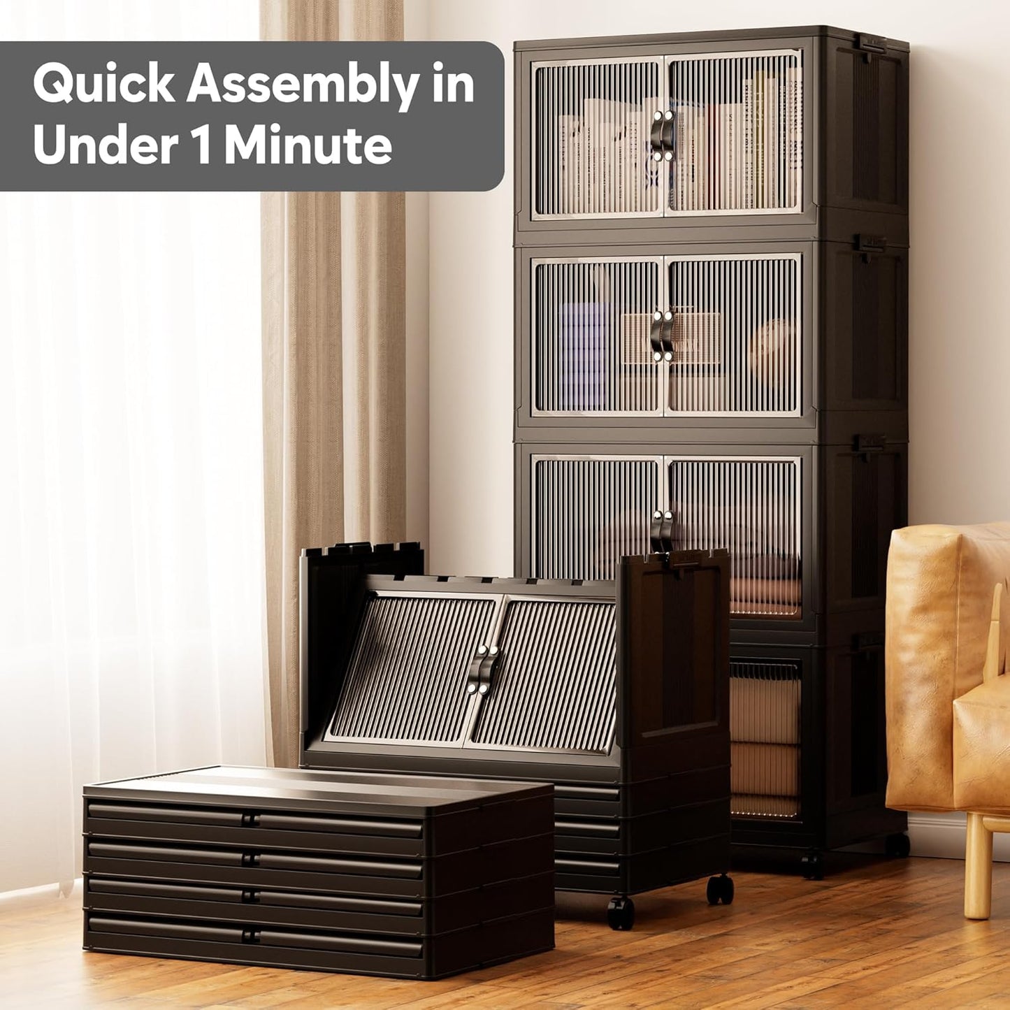 Jalove 50QT Plastic Storage Bins with lids, Stackable Collapsible Storage Containers with Wheels, Closet Organizer and Drawers, Clothes Storage Cabinet for Home Office Garage, 4 Pack Black