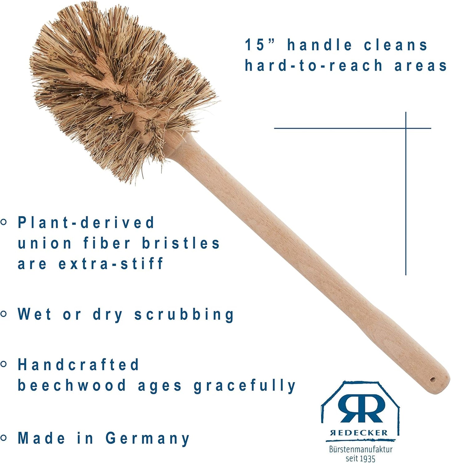 REDECKER Union Fiber Toilet Brush with Untreated Beechwood Handle - Natural Stiff Bristles, 15" - Stiff Bristle Toilet Brush - Natural Bristle Bathroom Cleaning Brush, Made in Germany