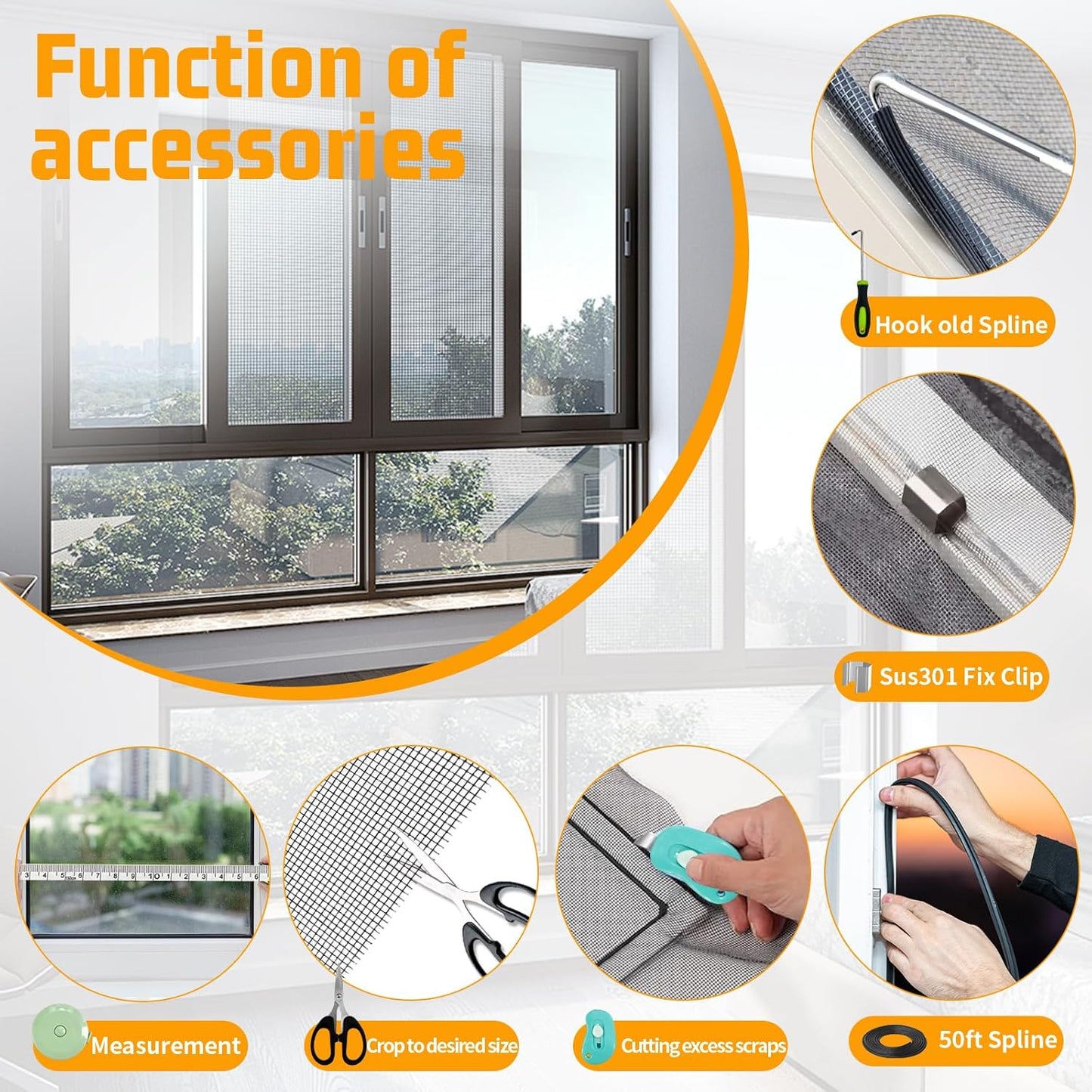Window Screen Replacement,Screen Door Repair Kit, 59"x158" Black Window Screen Mesh,Including 50 FT Splines+Hooks+2 Rollers+8 Clips+Scissors+Knife+Tape Measure,Fully Equipped Window Screen Repair Kit