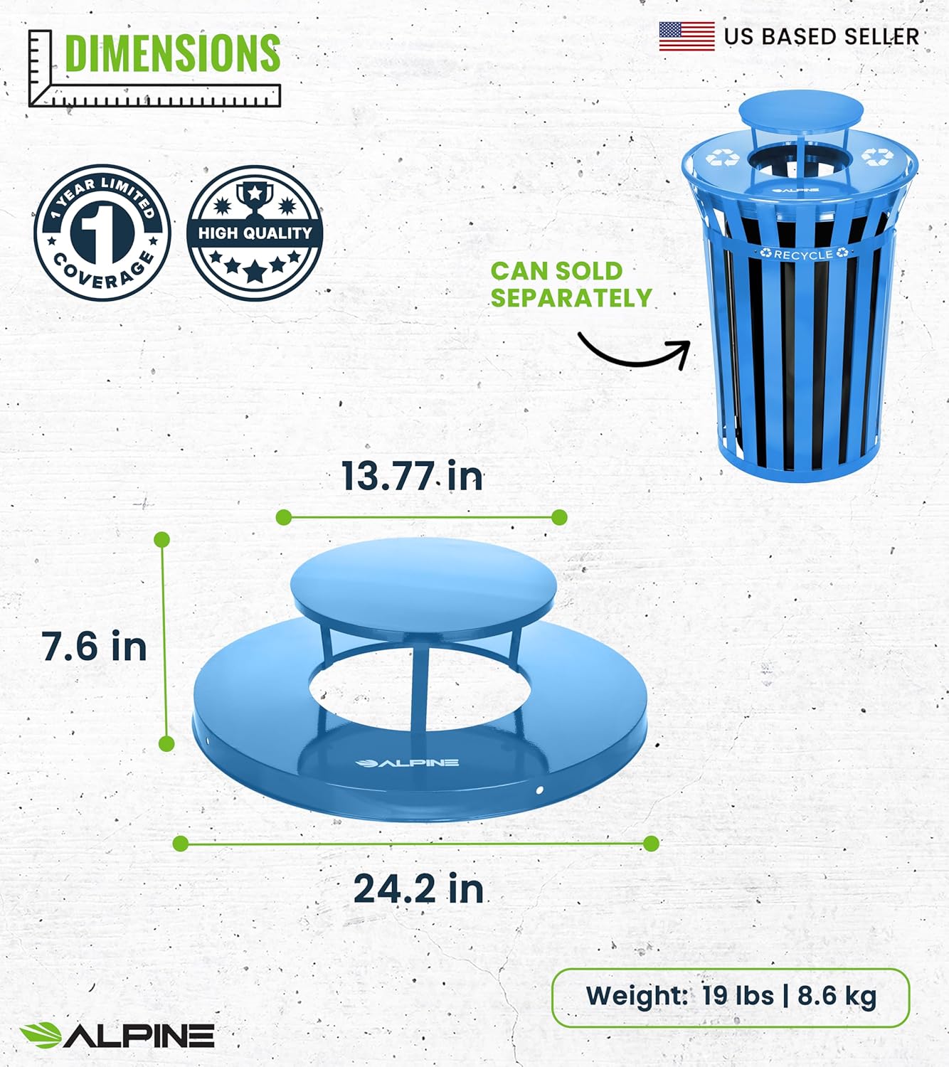 Alpine Outdoor Metal Waste Receptacle Rain Bonnet Lid - Heavy Duty Commercial Trash Can Receptacle Cover - Perfect Companion for 38-Gallon Garbage Can (Blue)