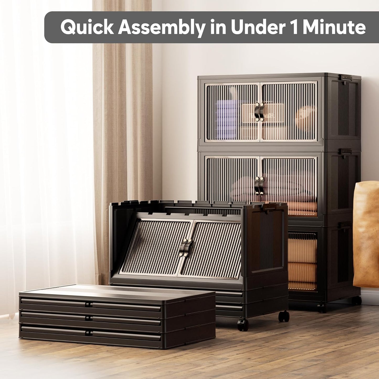 Jalove 90Gal Large Storage Bins with lids, 360QT Plastic Stackable Storage Containers with Wheels, Collapsible Closet Organizer and Storage Drawers,Clothes Organization for Cabinet Home, 3Pack Black