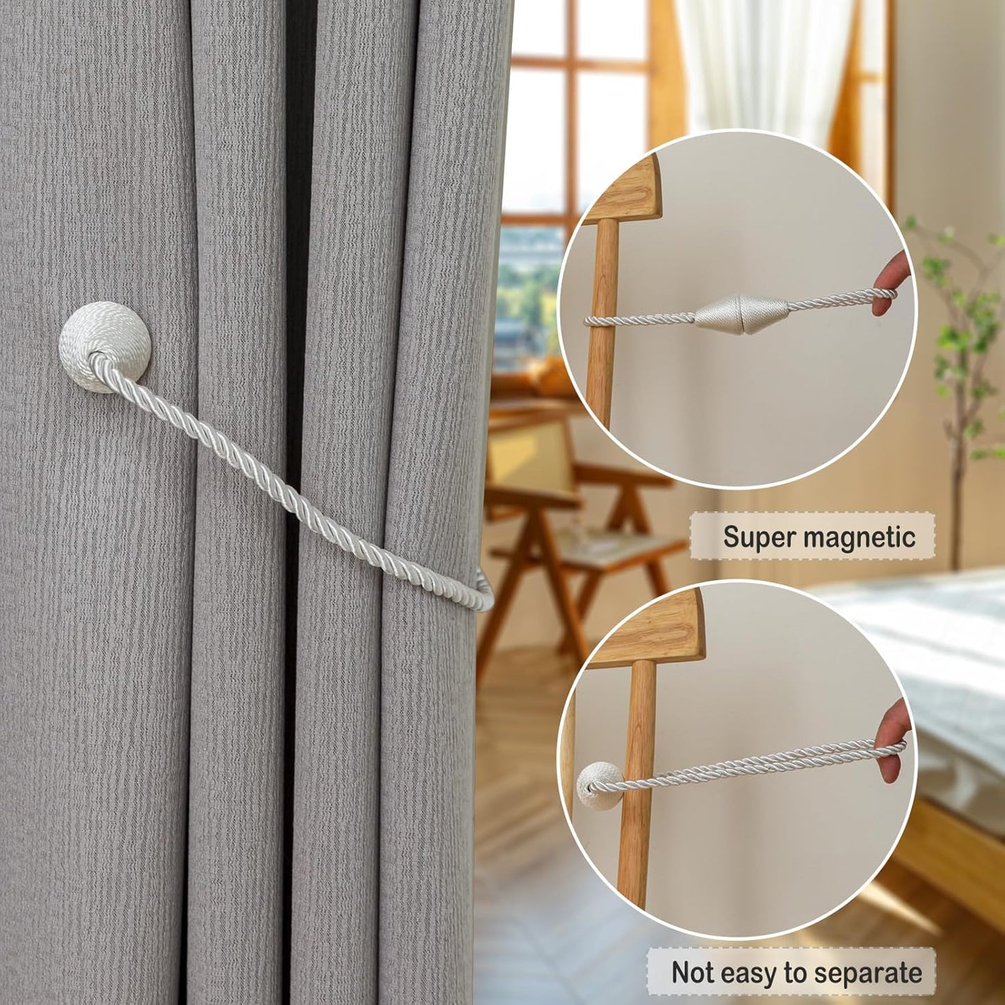 Magnetic Curtain Tiebacks 8 Pack Outdoor Rope Curtain Tie Backs Decorative Window Treatment Holdbacks for Home Decorative Curtain, White