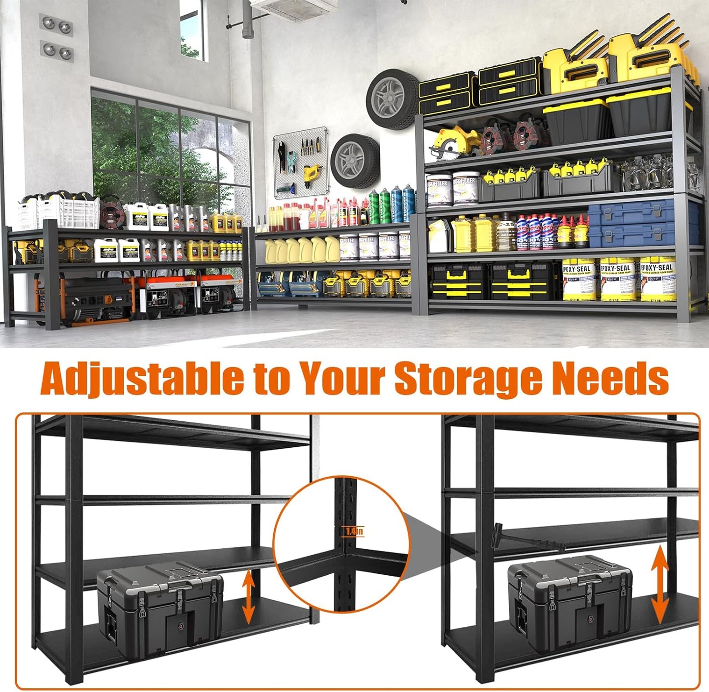 60"W Garage Shelving Heavy Duty Metal Shelving 3000LBS Storage Shelves Adjustable 5 Tier Metal Shelves for Storage Industrial Shelves for Garage, Warehouse, 24.2" D x 60'' W x 72'' H, 4 Packs