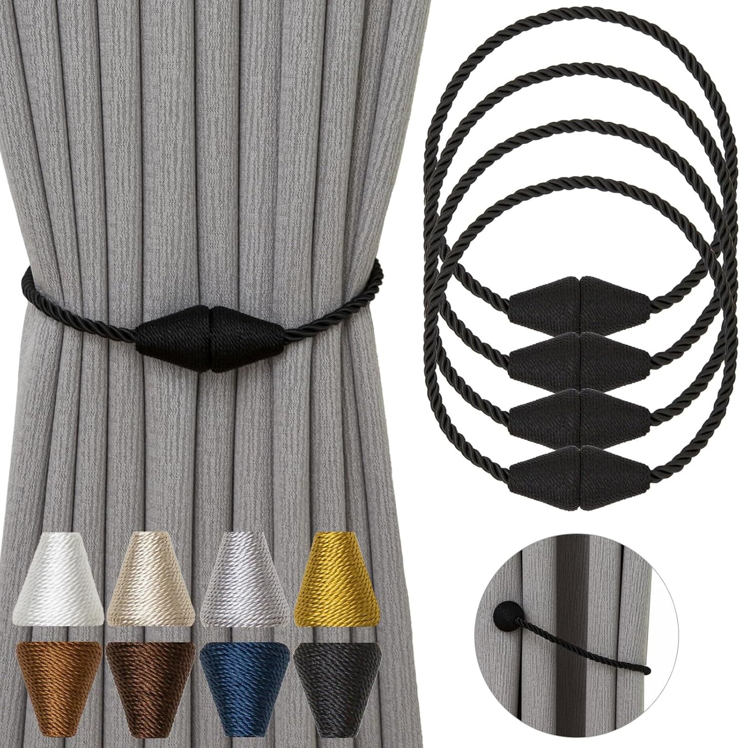 Magnetic Curtain Tiebacks 4 Pack Outdoor Rope Curtain Tie Backs Decorative Window Treatment Holdbacks for Home Decorative Curtain, Black