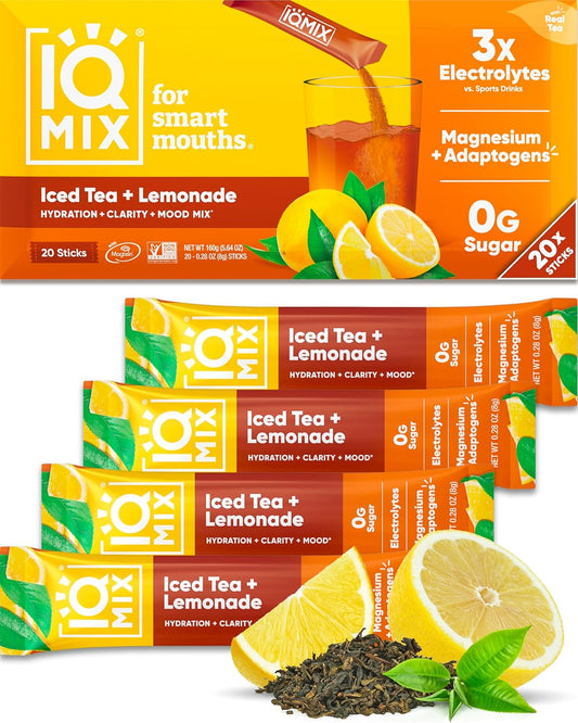 IQMIX Hydration Electrolyte Powder – 4-in-1 Formula for Hydration, Mental Clarity, Mood and Recovery – Sugar-Free Drink Mix, Keto, Magnesium L-Threonate, Lion’s Mane – 20 Count New Iced Tea Lemonade