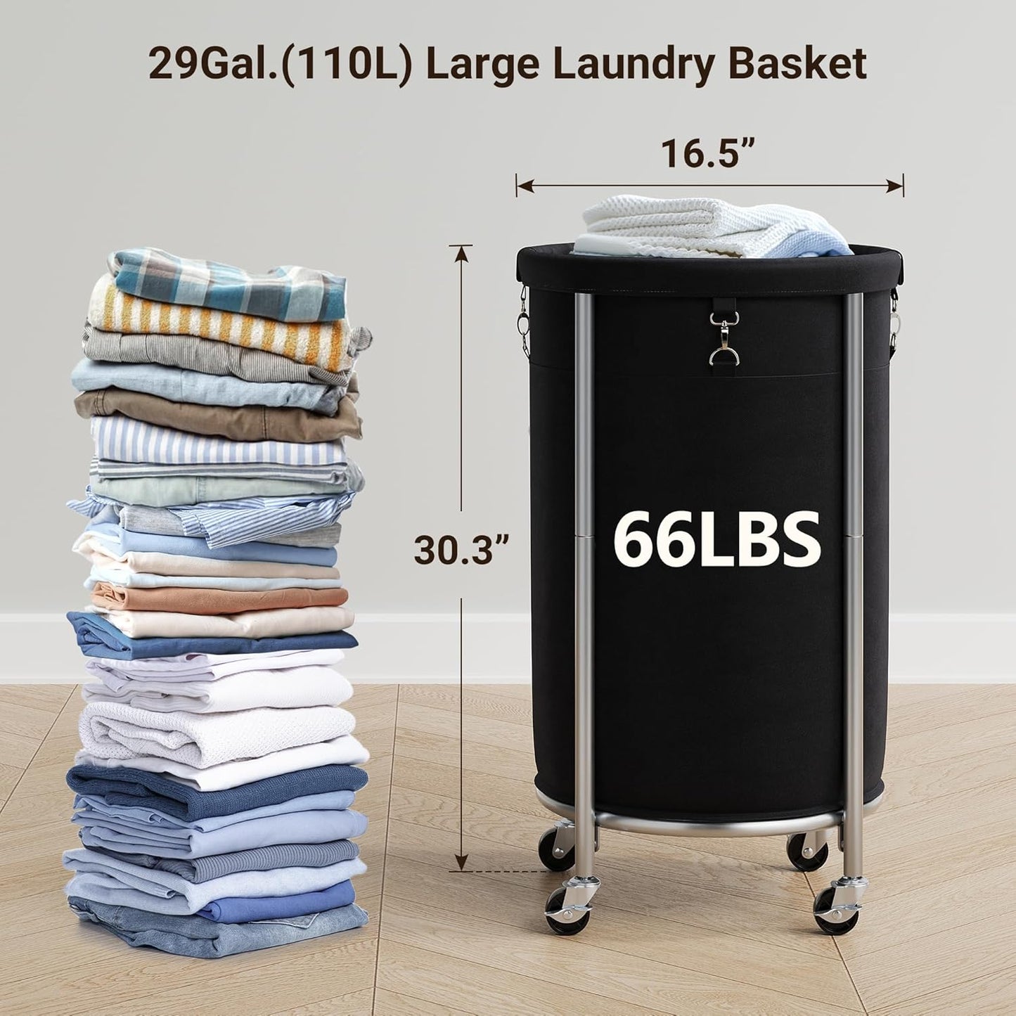 ELYKEN Laundry Hamper with Wheels, 110L Rolling Laundry Basket, Round Laundry Cart with Steel Frame and Removable Bag, 4 Casters and 2 Brakes, Dirty Clothes Hamper for Hotel, Home, Closet, Dorm, Black
