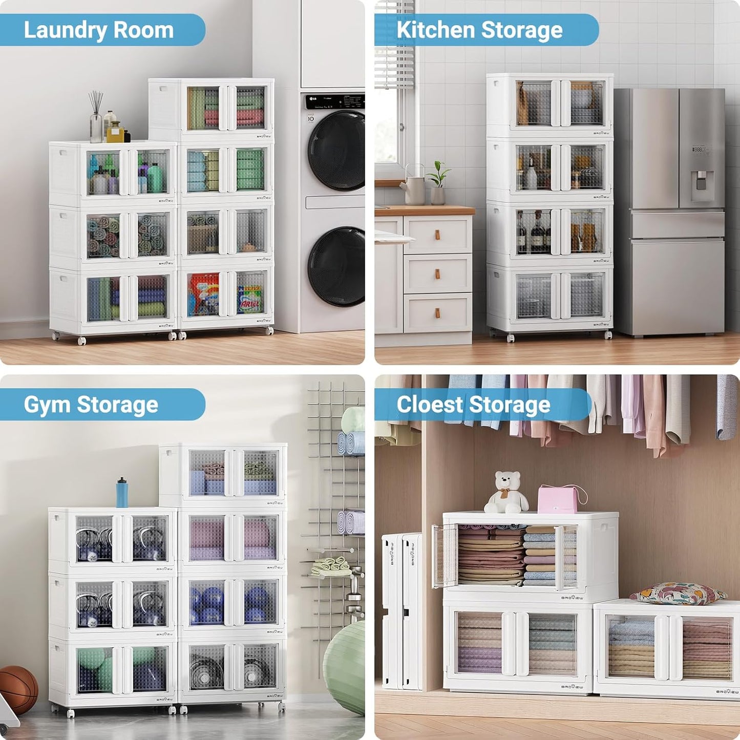 BROVIEW 300 Qt Stackable Storage Bins with Lids & Doors, 3 Pack Plastic Closet Organizer and Storages Drawers with Wheels, Large Collapsible Storage Boxes, Cabinet for Home, Office, V10, White