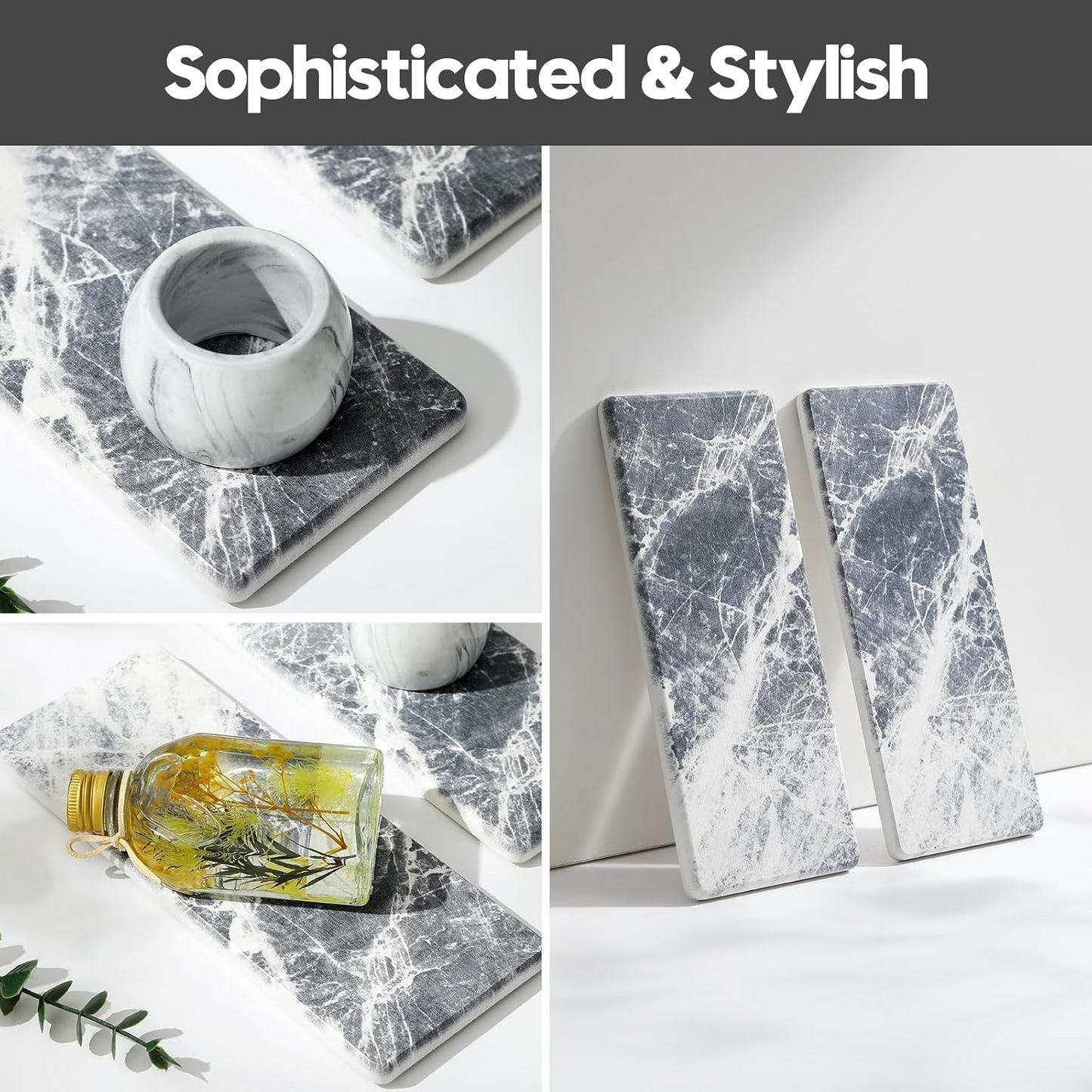 2PCS Bathroom Sink Vanity Trays, Water Absorbing Diatomite Stone Quick Drying Mat for Kitchen Counter, Dish Rack Dispenser Sponge Holder Caddy Organizer, Marble Crack, 9"x3.5"