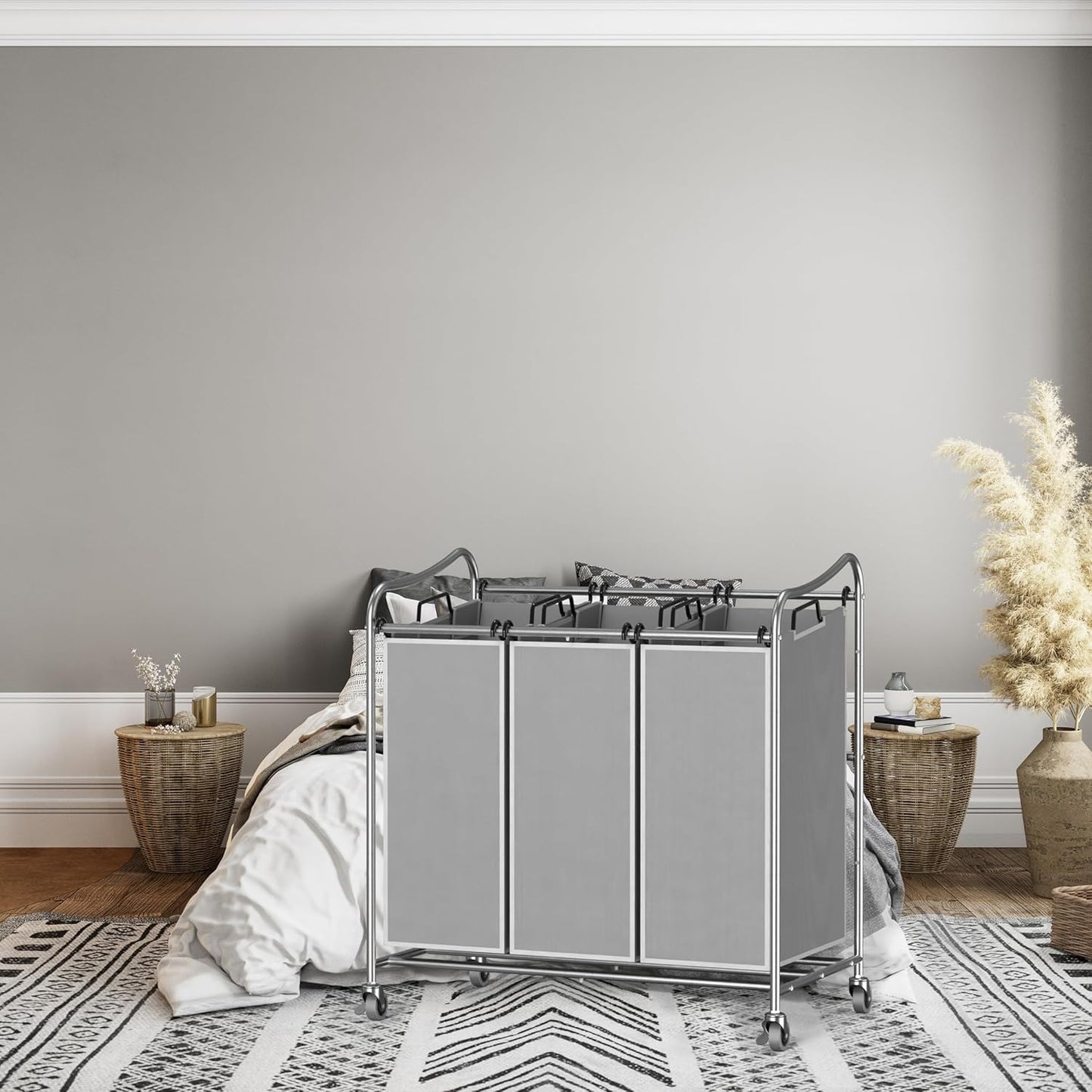 Simple Houseware Heavy-Duty 3-Bag Laundry Sorter Cart, Silver