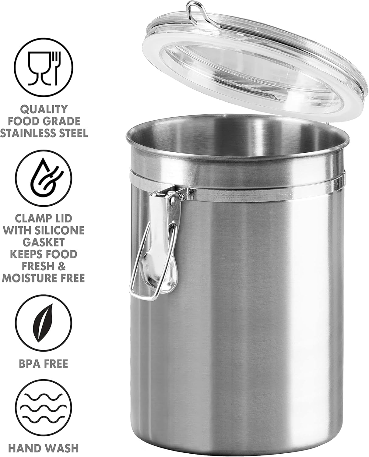 Oggi Stainless Steel Kitchen Canister 62 fl oz - Airtight Clamp Lid, Clear See-Thru Top - Ideal for Kitchen Storage, Food Storage, Pantry Storage. Large Size 5" x 7.5".