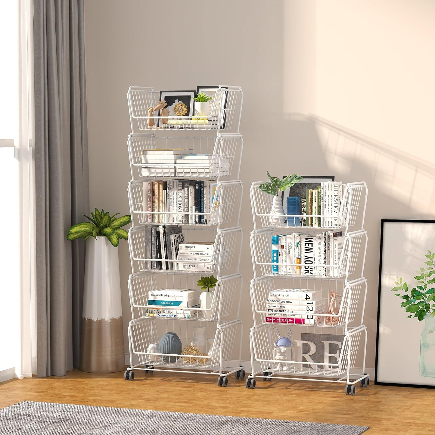 PUSDON Stackable Metal Storage Carts, Dual Use Shelf for Kitchen Fruit Vegetable Baskets with Wheels, Storage Rack for Living Room, Home & Office, Standard White 6 Tiers