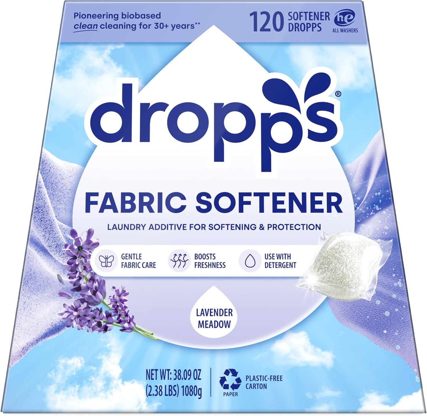 Dropps Laundry Fabric Softener Pods, Lavender Meadow (120 Pods) - Laundry Additive for Softening & Protection - HE Compatible Mineral Based Ingredients Laundry Supplies